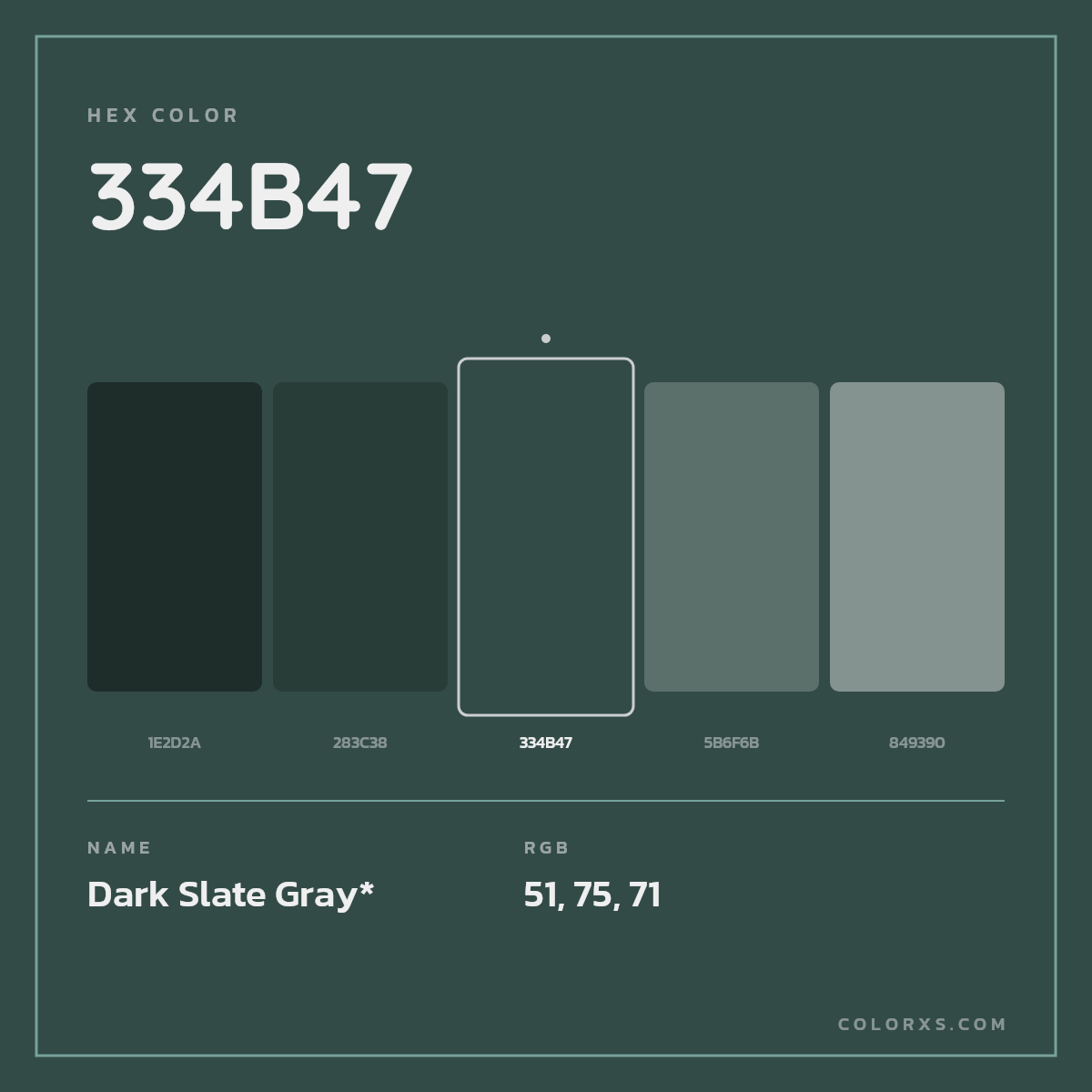 #334B47 hex color. RGB, RYB, CMYK, HSL, HSV codes and color conversions. Matching color names, palettes, paints.