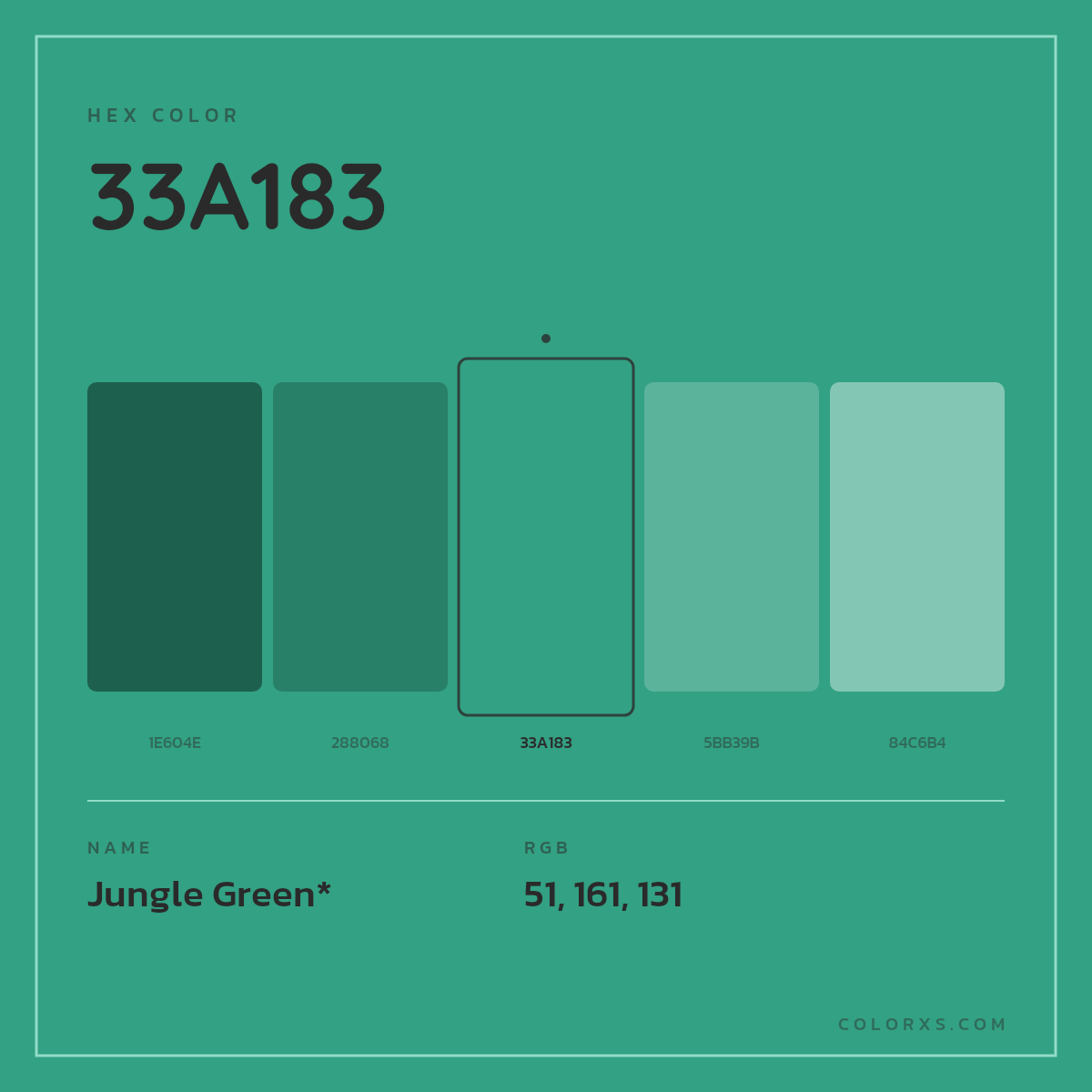 #33A183 hex color. RGB, RYB, CMYK, HSL, HSV codes and color conversions. Matching color names, palettes, paints.