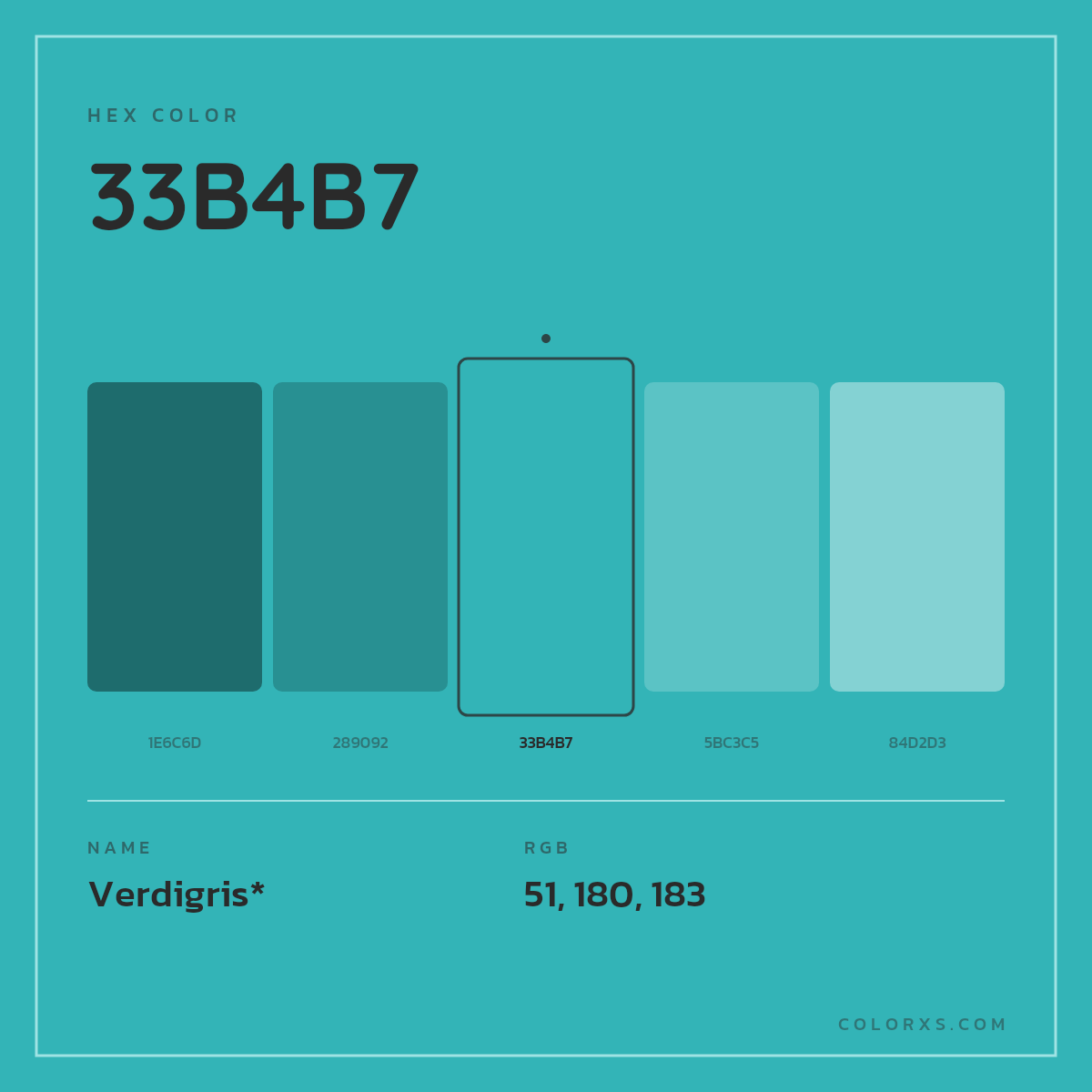 #33B4B7 hex color. RGB, RYB, CMYK, HSL, HSV codes and color conversions. Matching color names, palettes, paints.