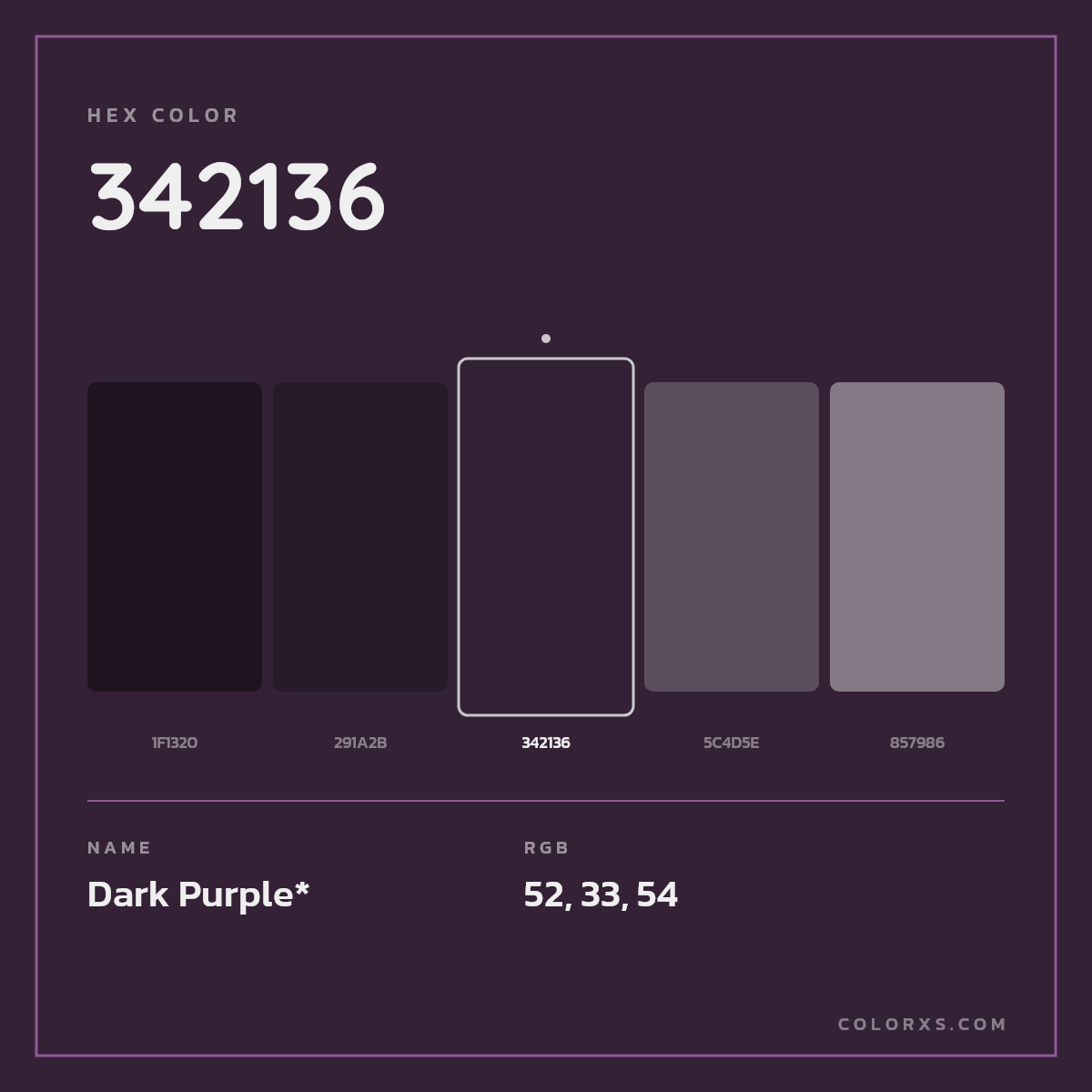 #342136 hex color. RGB, RYB, CMYK, HSL, HSV codes and color conversions. Matching color names, palettes, paints.