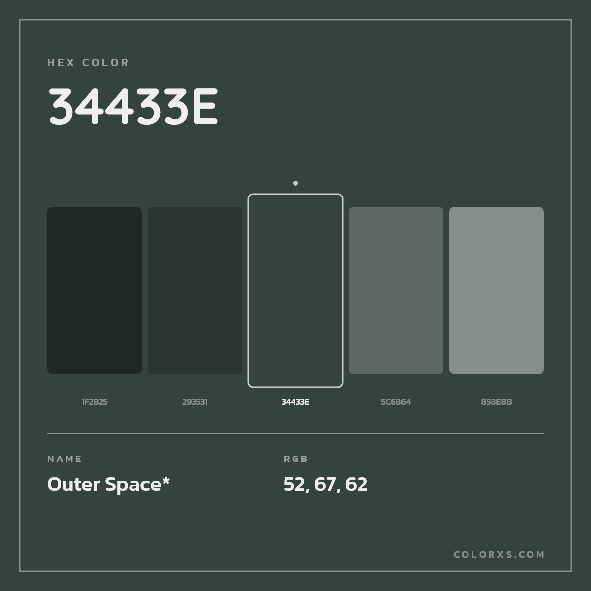 #34433E hex color. RGB, RYB, CMYK, HSL, HSV codes and color conversions. Matching color names, palettes, paints.