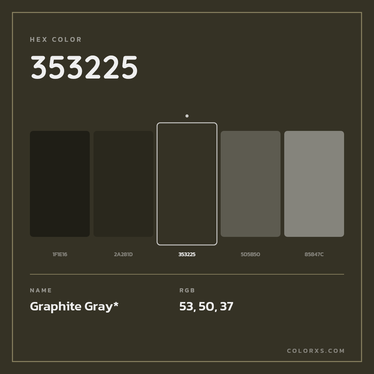 #353225 hex color. RGB, RYB, CMYK, HSL, HSV codes and color conversions. Matching color names, palettes, paints.