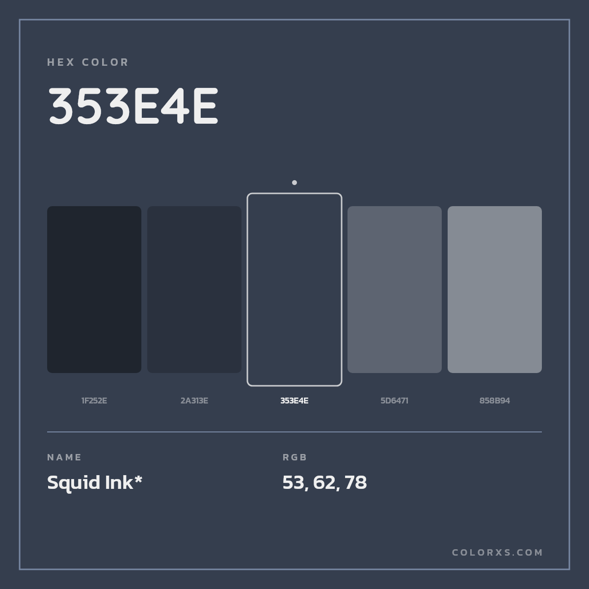 #353E4E hex color. RGB, RYB, CMYK, HSL, HSV codes and color conversions. Matching color names, palettes, paints.