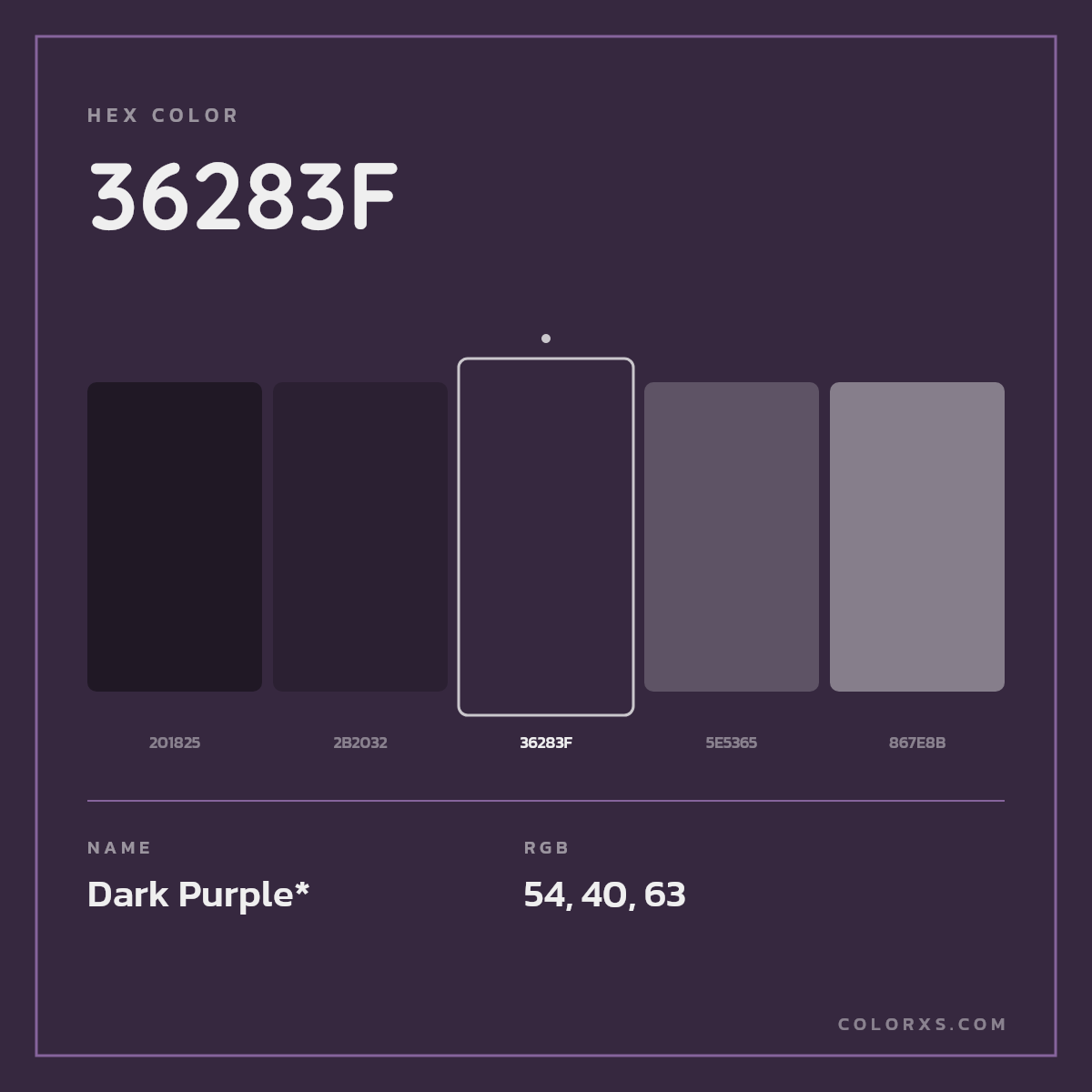 #36283F hex color. RGB, RYB, CMYK, HSL, HSV codes and color conversions. Matching color names, palettes, paints.