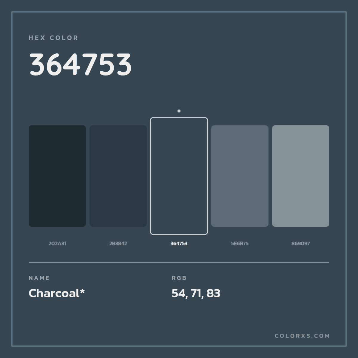 #364753 hex color. RGB, RYB, CMYK, HSL, HSV codes and color conversions. Matching color names, palettes, paints.