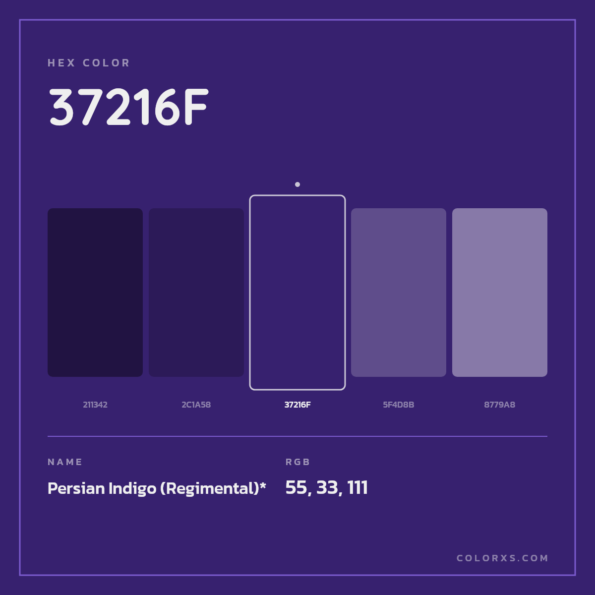 #37216F hex color. RGB, RYB, CMYK, HSL, HSV codes and color conversions. Matching color names, palettes, paints.
