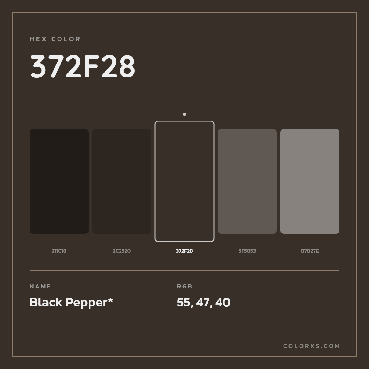 #372F28 hex color. RGB, RYB, CMYK, HSL, HSV codes and color conversions. Matching color names, palettes, paints.