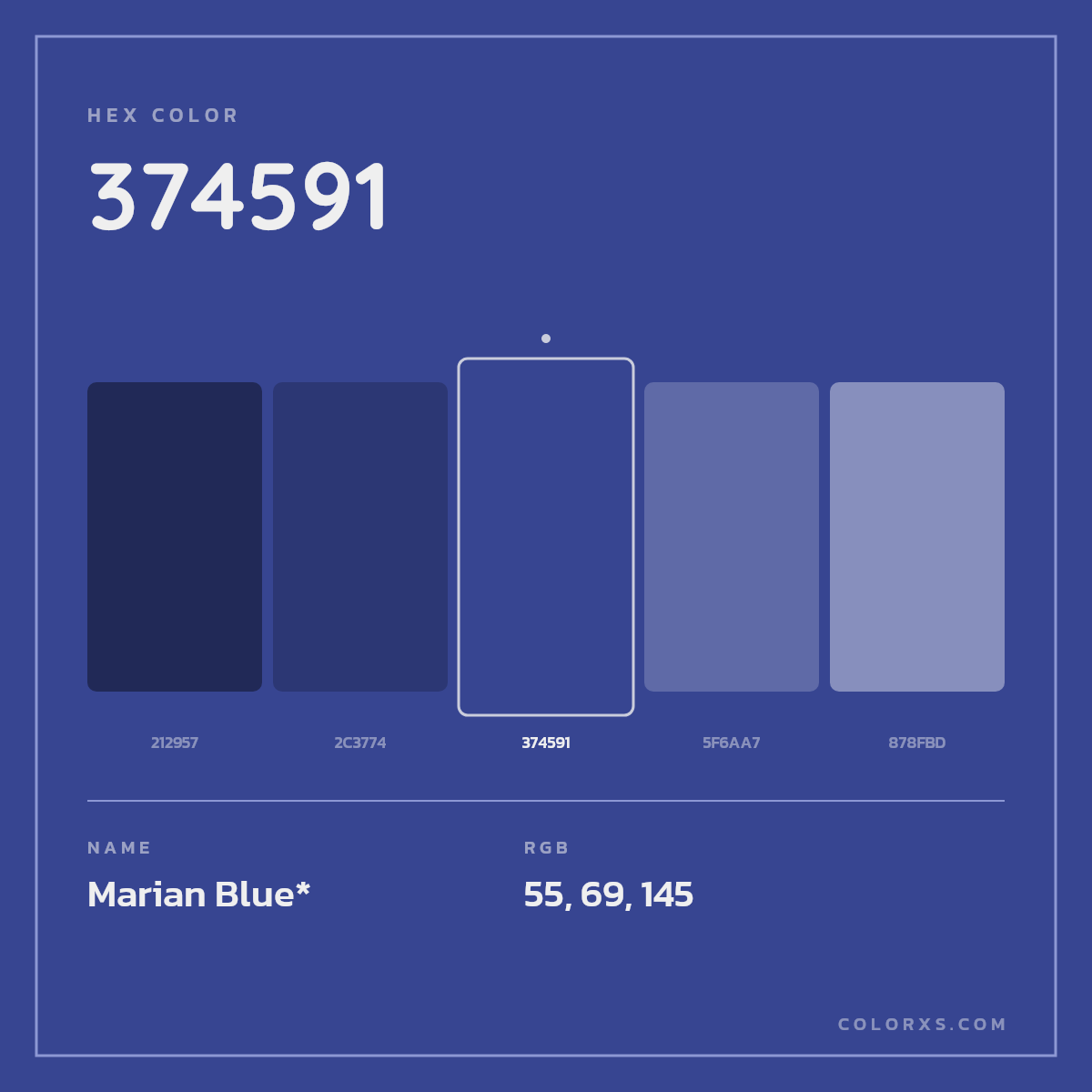 #374591 hex color. RGB, RYB, CMYK, HSL, HSV codes and color conversions. Matching color names, palettes, paints.