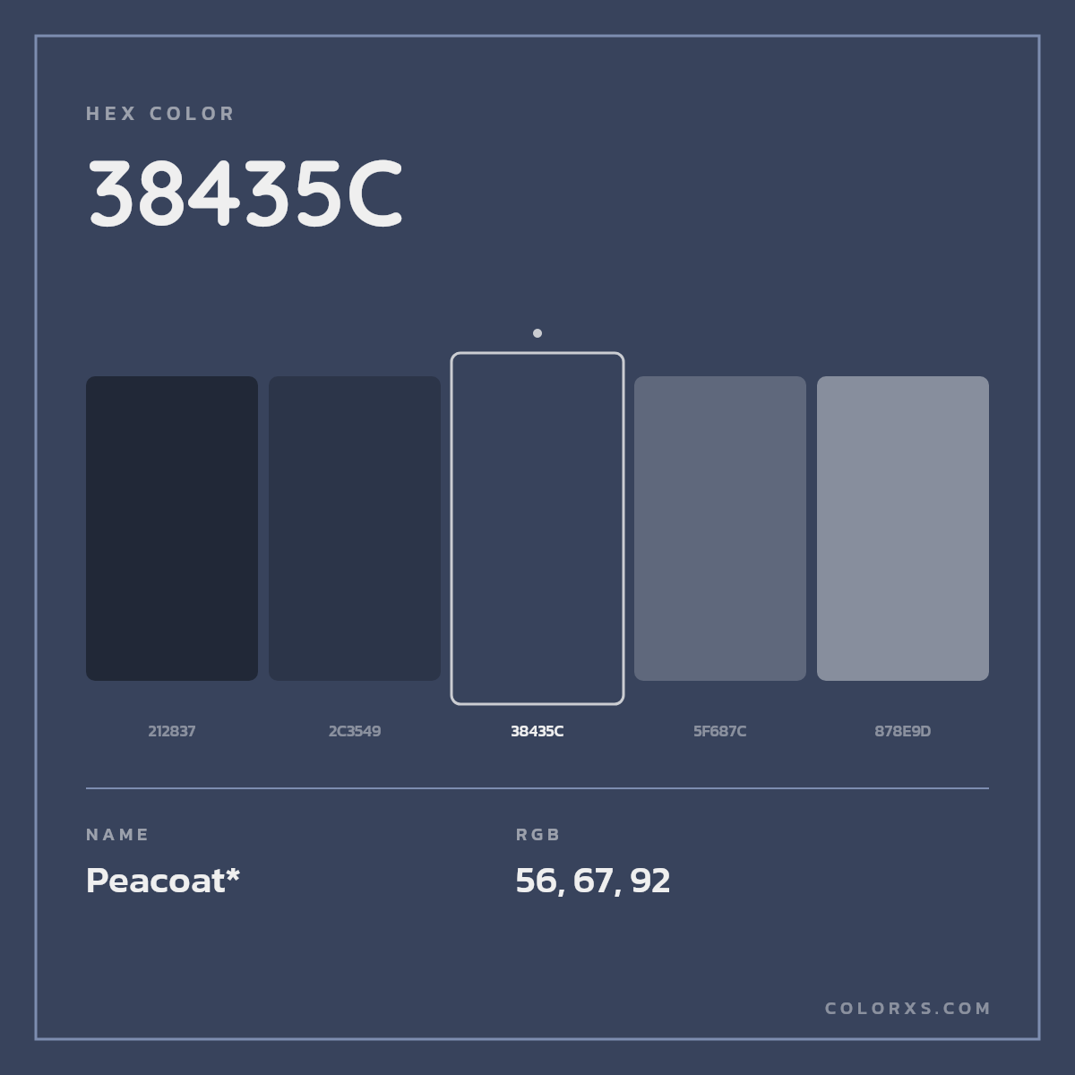 #38435C hex color. RGB, RYB, CMYK, HSL, HSV codes and color conversions. Matching color names, palettes, paints.