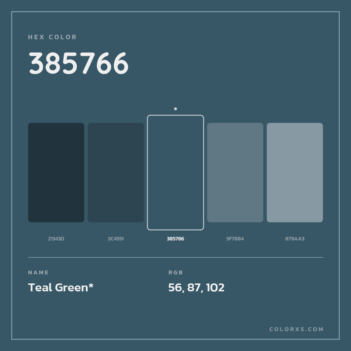 #385766 hex color. RGB, RYB, CMYK, HSL, HSV codes and color conversions. Matching color names, palettes, paints.