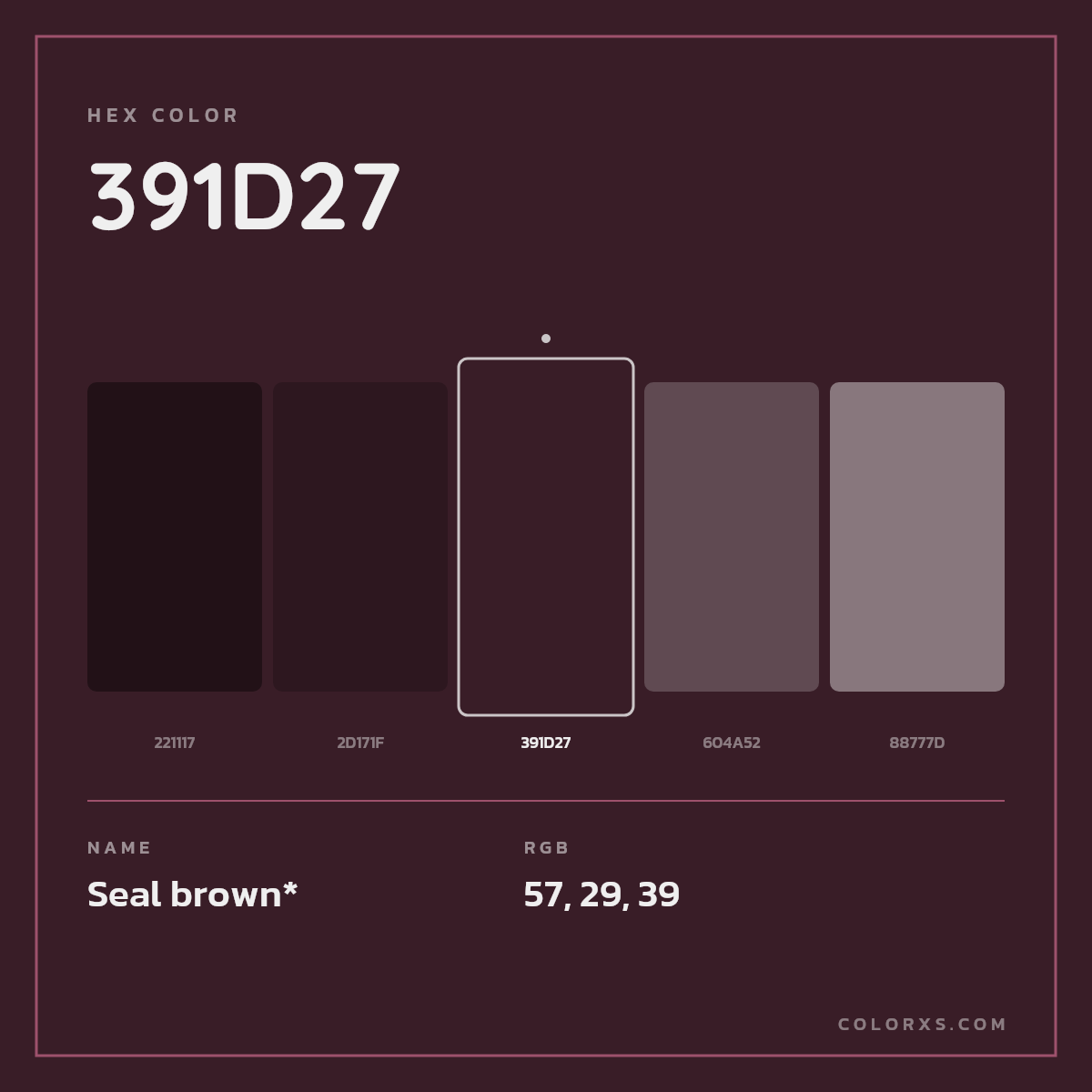#391D27 hex color. RGB, RYB, CMYK, HSL, HSV codes and color conversions. Matching color names, palettes, paints.