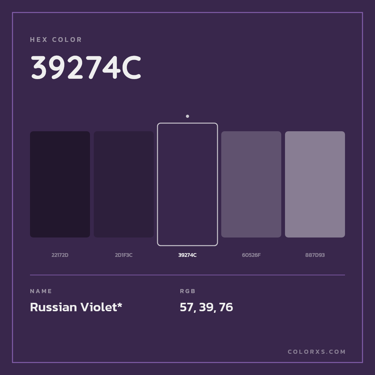 #39274C hex color. RGB, RYB, CMYK, HSL, HSV codes and color conversions. Matching color names, palettes, paints.