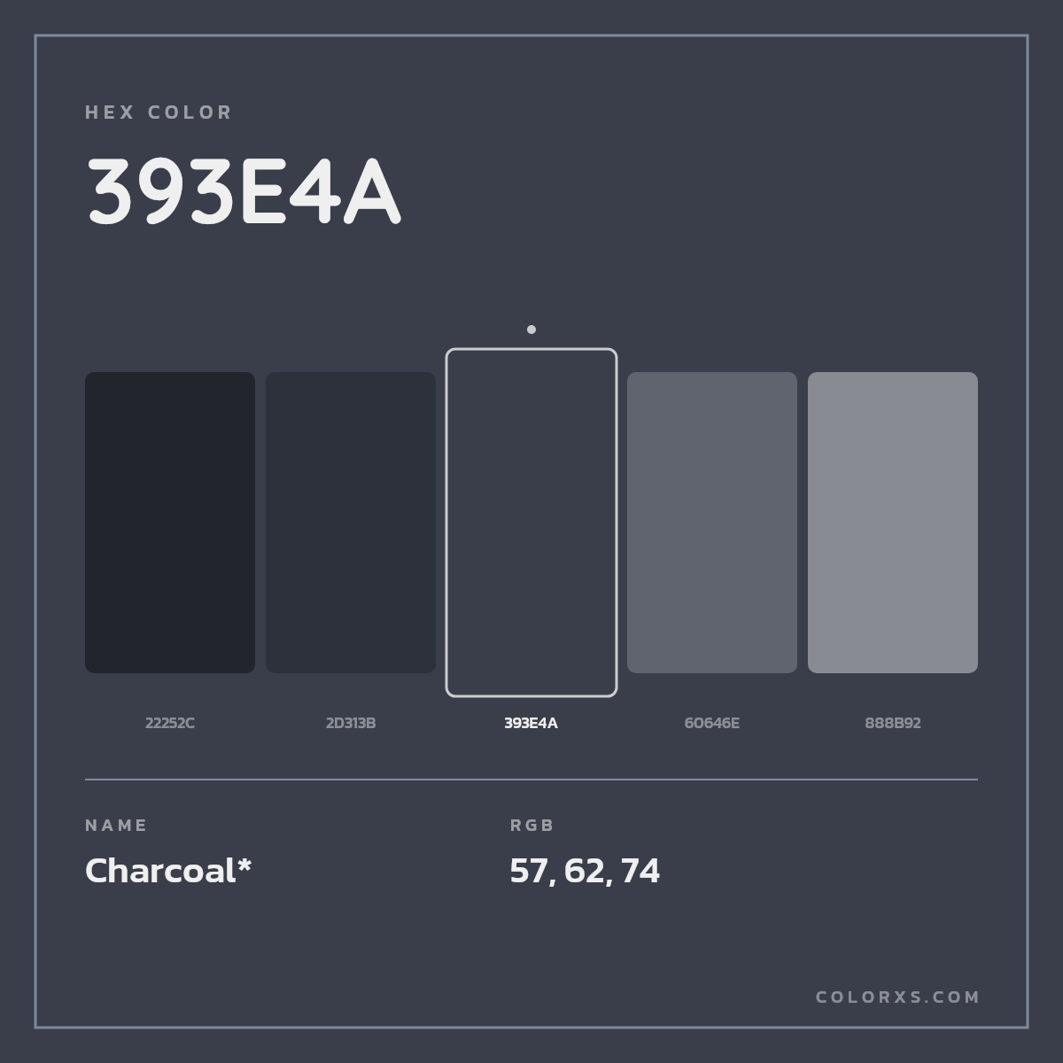#393E4A hex color. RGB, RYB, CMYK, HSL, HSV codes and color conversions. Matching color names, palettes, paints.