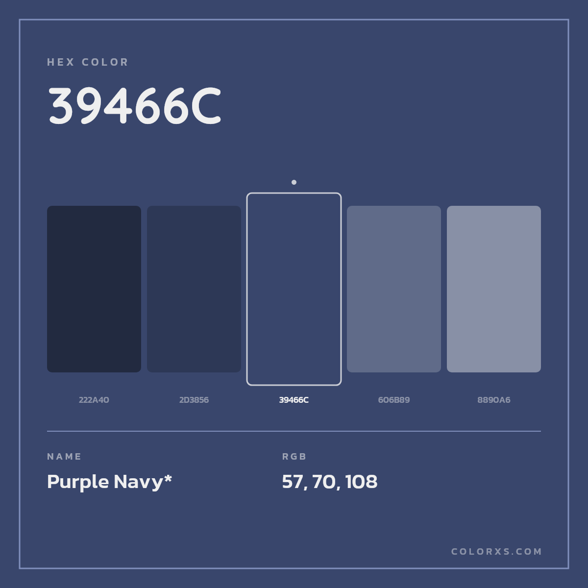 #39466C hex color. RGB, RYB, CMYK, HSL, HSV codes and color conversions. Matching color names, palettes, paints.