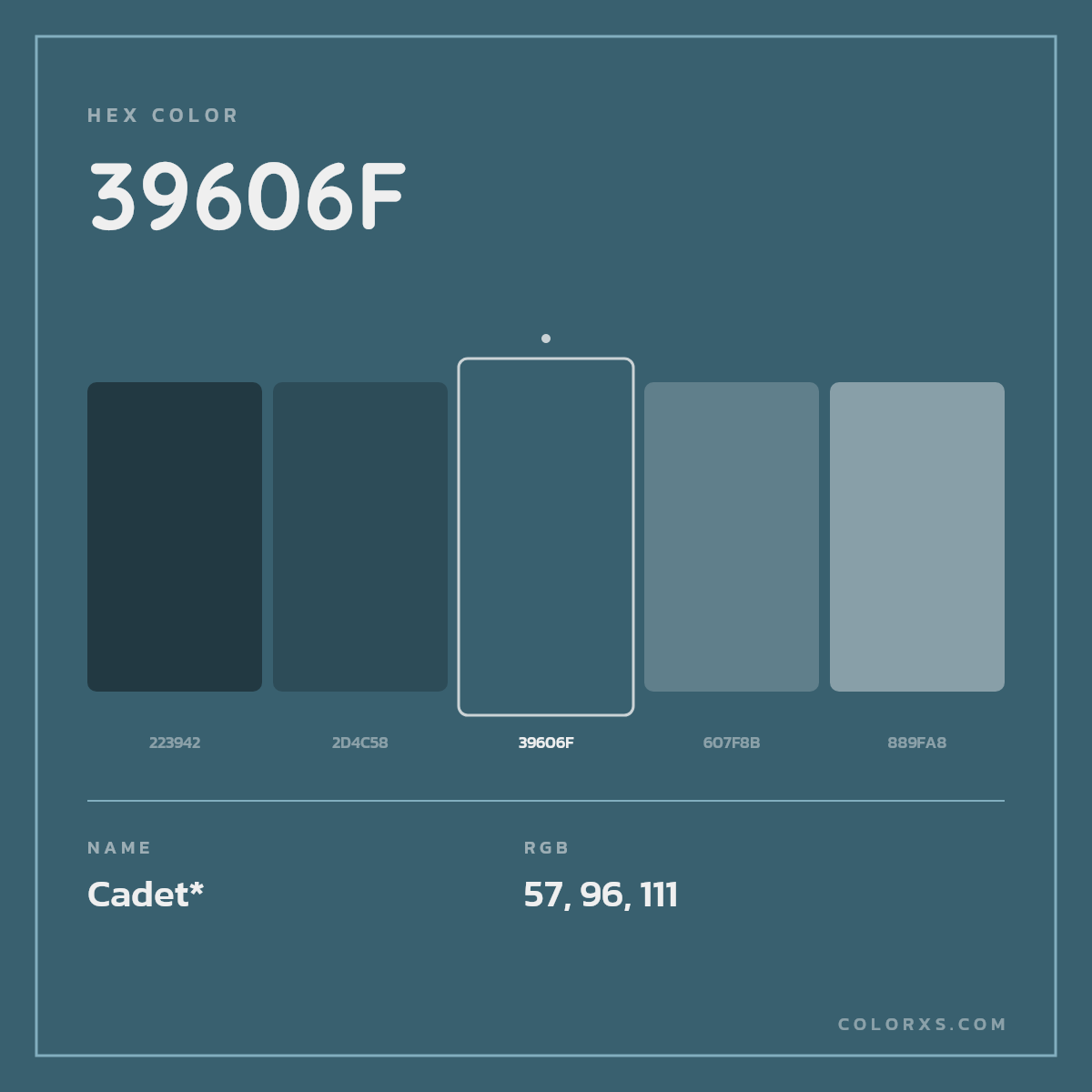 #39606F hex color. RGB, RYB, CMYK, HSL, HSV codes and color conversions. Matching color names, palettes, paints.