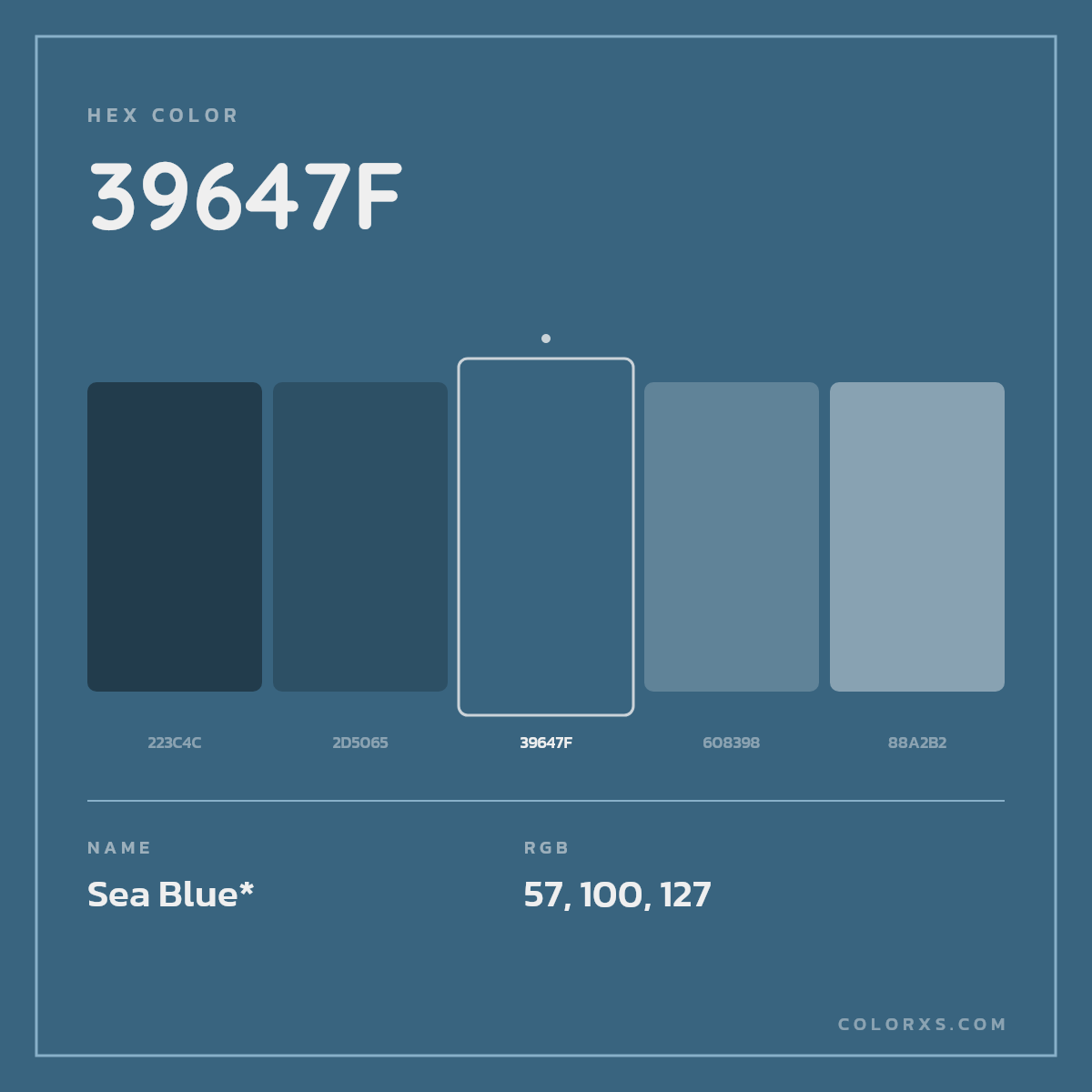 #39647F hex color. RGB, RYB, CMYK, HSL, HSV codes and color conversions. Matching color names, palettes, paints.