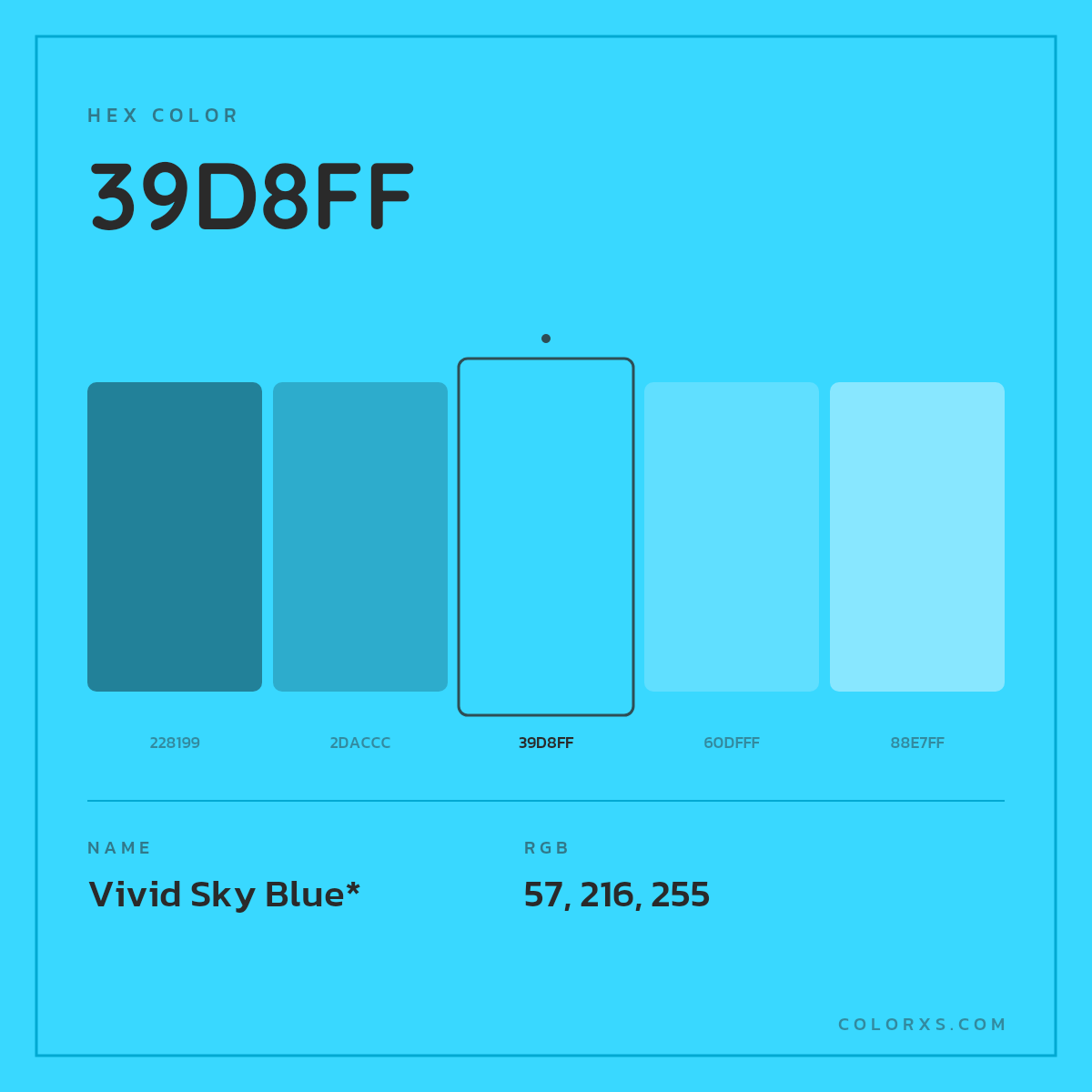 #39D8FF hex color. RGB, RYB, CMYK, HSL, HSV codes and color conversions. Matching color names, palettes, paints.