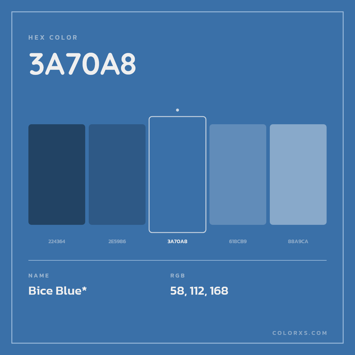 #3A70A8 hex color. RGB, RYB, CMYK, HSL, HSV codes and color conversions. Matching color names, palettes, paints.