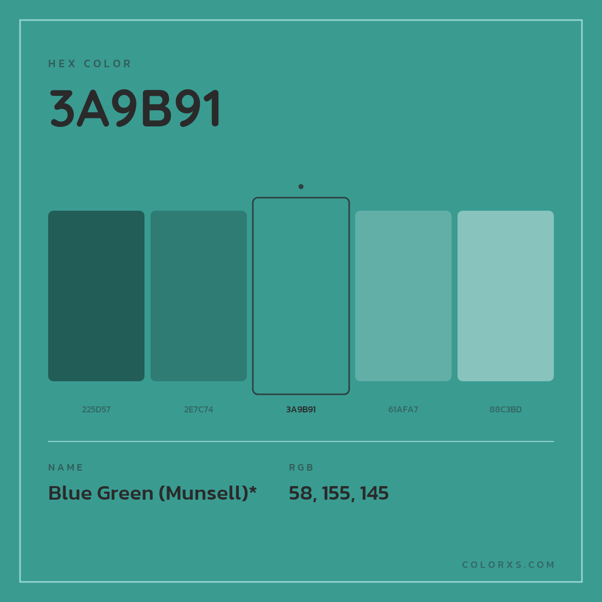 #3A9B91 hex color. RGB, RYB, CMYK, HSL, HSV codes and color conversions. Matching color names, palettes, paints.