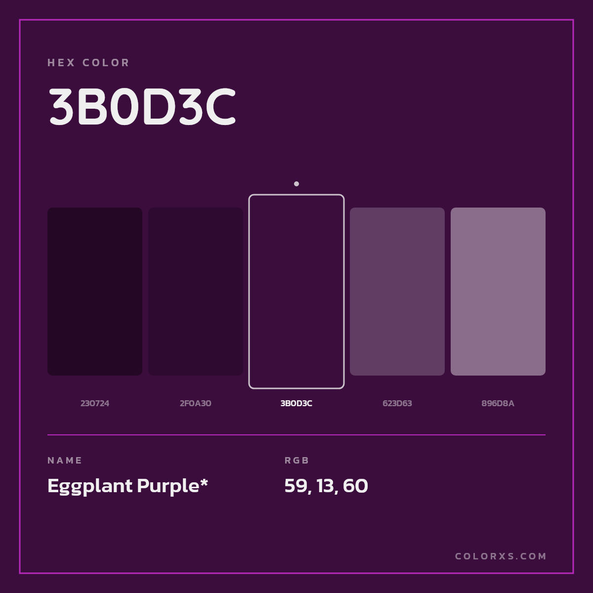 #3B0D3C hex color. RGB, RYB, CMYK, HSL, HSV codes and color conversions. Matching color names, palettes, paints.