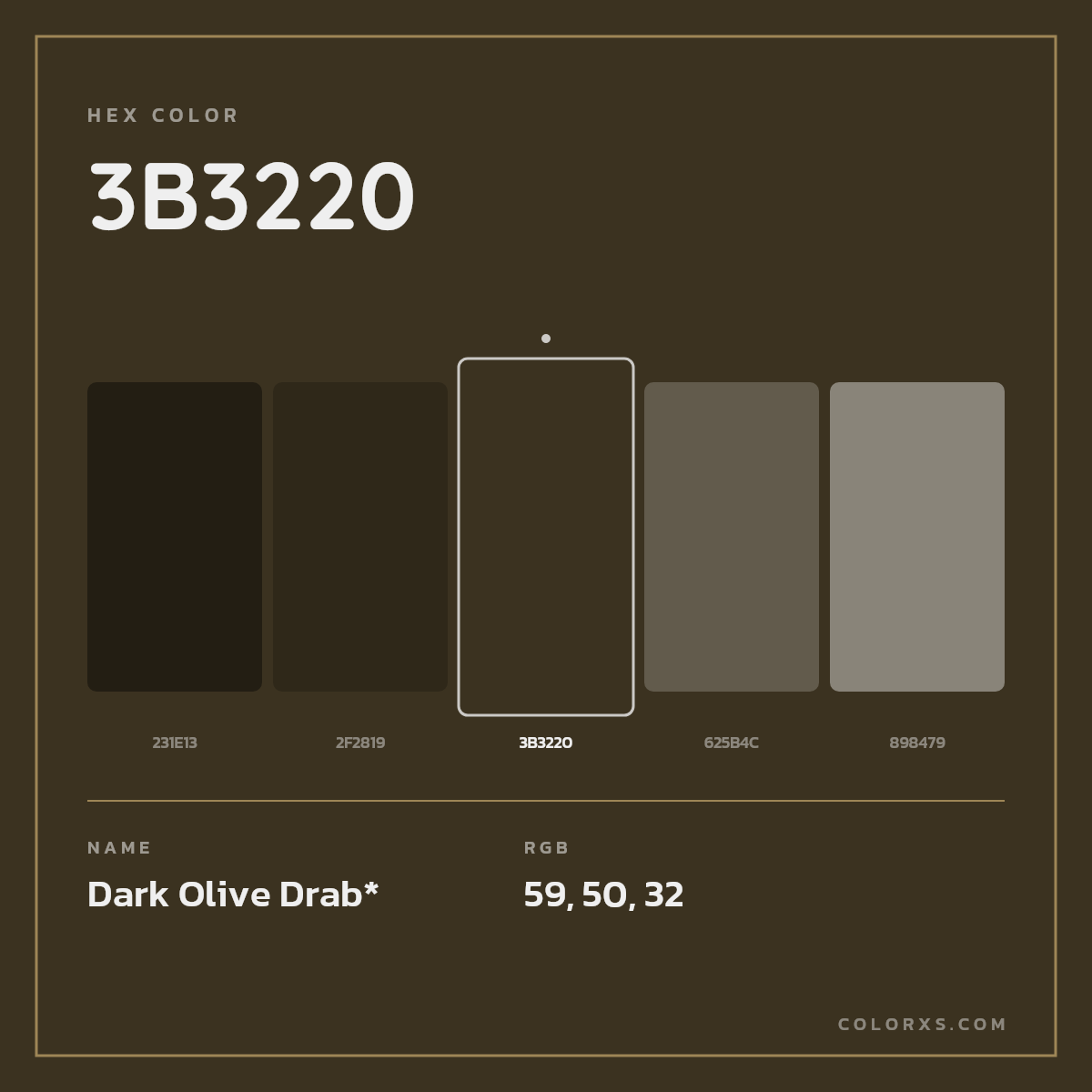 #3B3220 hex color. RGB, RYB, CMYK, HSL, HSV codes and color conversions. Matching color names, palettes, paints.