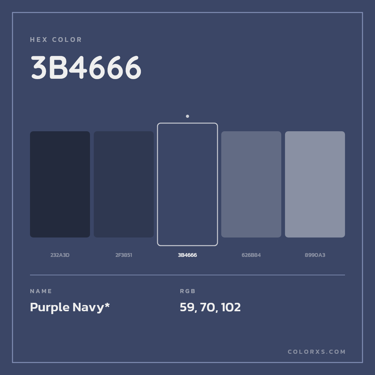 #3B4666 hex color. RGB, RYB, CMYK, HSL, HSV codes and color conversions. Matching color names, palettes, paints.
