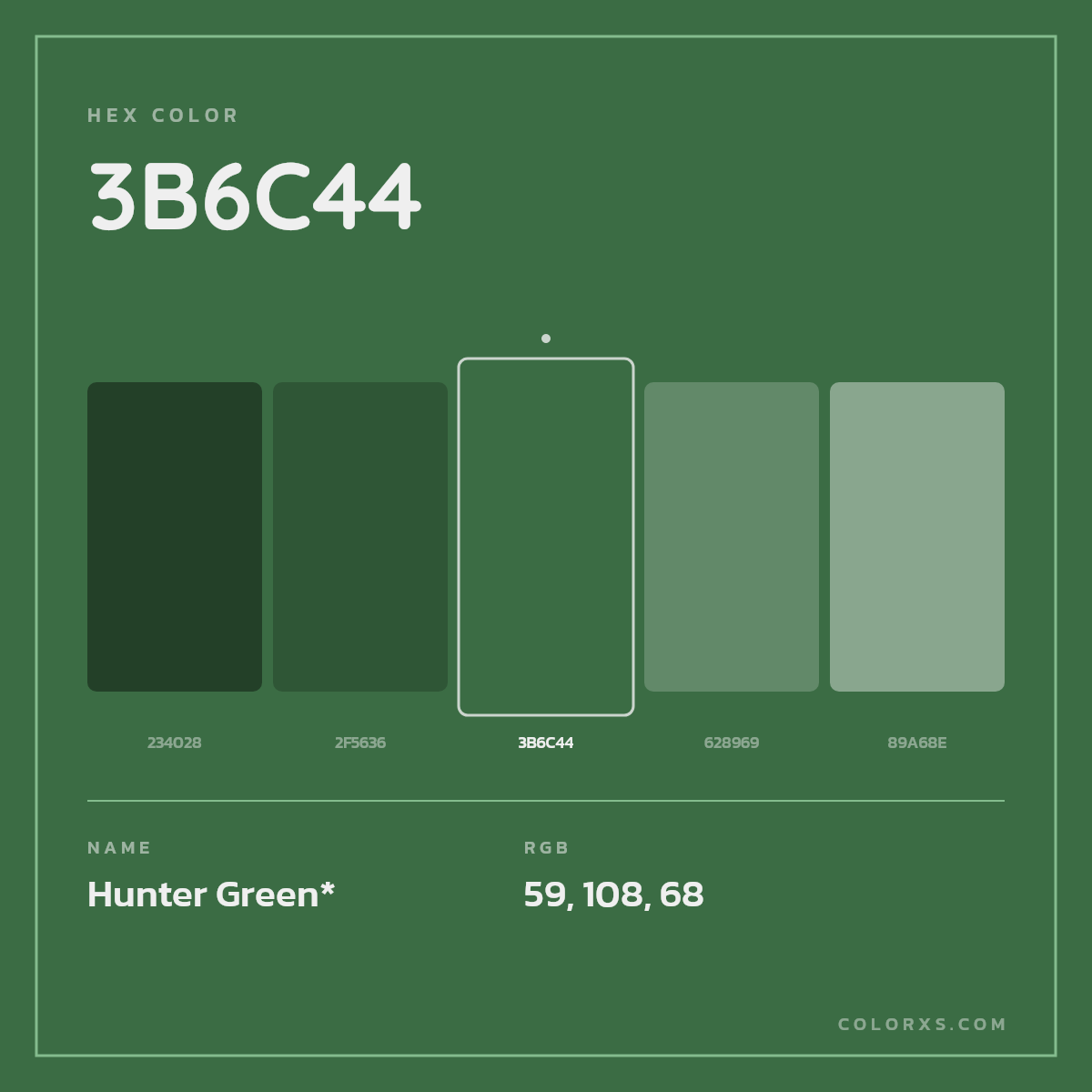 #3B6C44 hex color. RGB, RYB, CMYK, HSL, HSV codes and color conversions. Matching color names, palettes, paints.