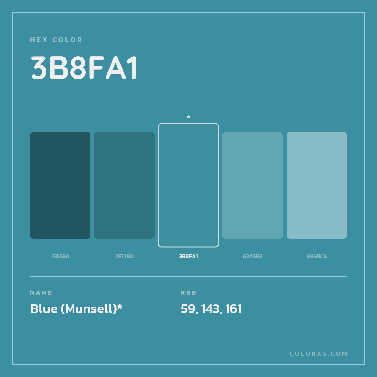 #3B8FA1 hex color. RGB, RYB, CMYK, HSL, HSV codes and color conversions. Matching color names, palettes, paints.