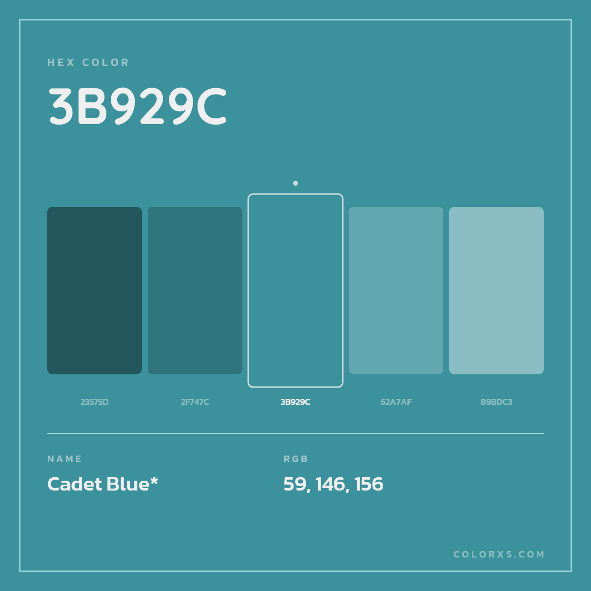 #3B929C hex color. RGB, RYB, CMYK, HSL, HSV codes and color conversions. Matching color names, palettes, paints.