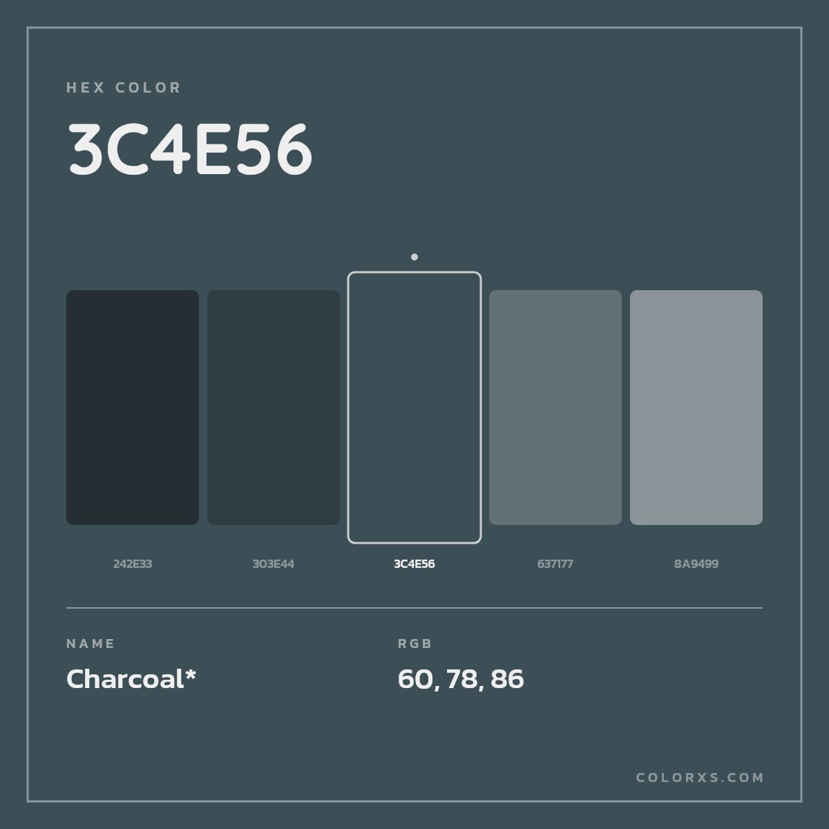 #3C4E56 hex color. RGB, RYB, CMYK, HSL, HSV codes and color conversions. Matching color names, palettes, paints.