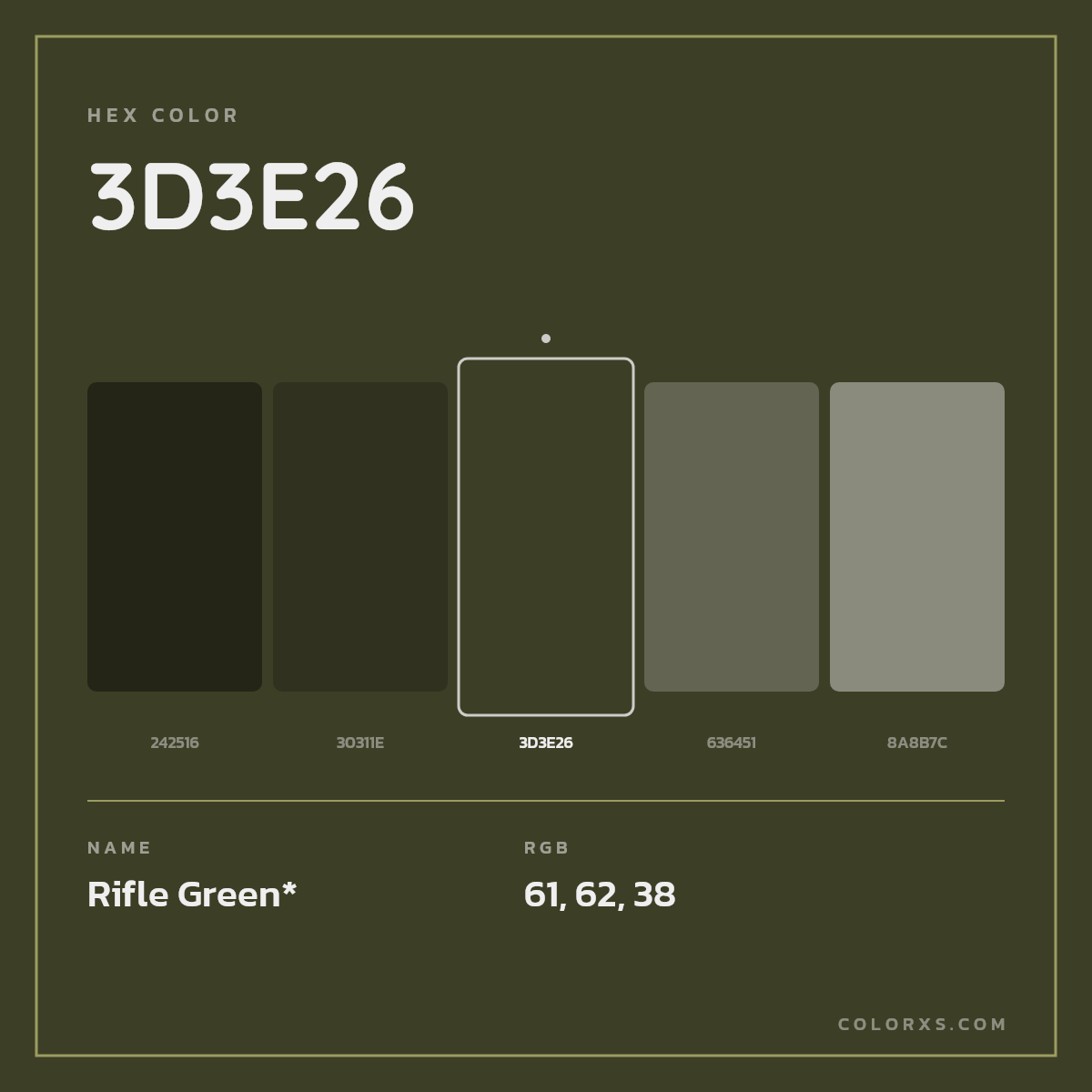 #3D3E26 hex color. RGB, RYB, CMYK, HSL, HSV codes and color conversions. Matching color names, palettes, paints.