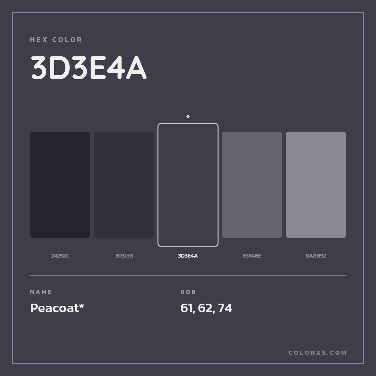 #3D3E4A hex color. RGB, RYB, CMYK, HSL, HSV codes and color conversions. Matching color names, palettes, paints.