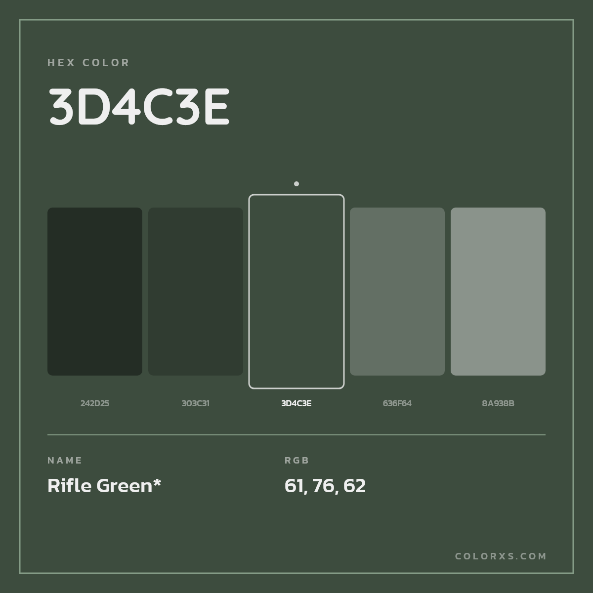 #3D4C3E hex color. RGB, RYB, CMYK, HSL, HSV codes and color conversions. Matching color names, palettes, paints.