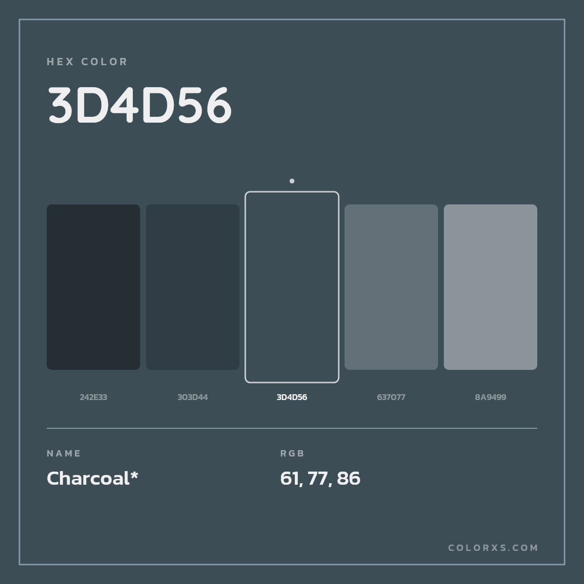 #3D4D56 hex color. RGB, RYB, CMYK, HSL, HSV codes and color conversions. Matching color names, palettes, paints.