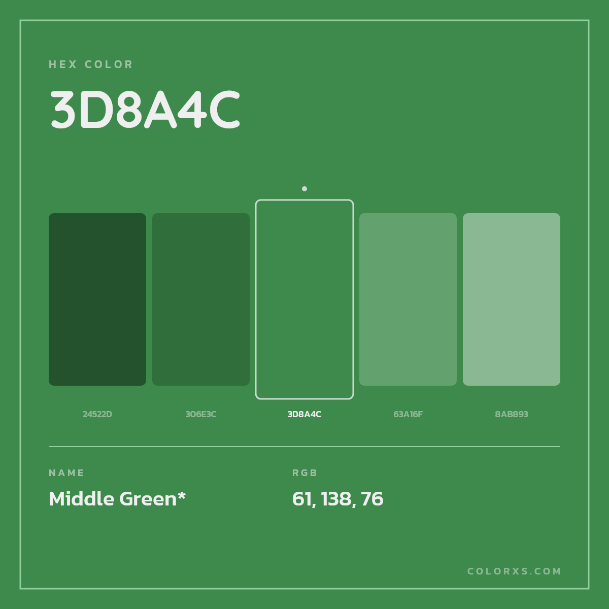 #3D8A4C hex color. RGB, RYB, CMYK, HSL, HSV codes and color conversions. Matching color names, palettes, paints.