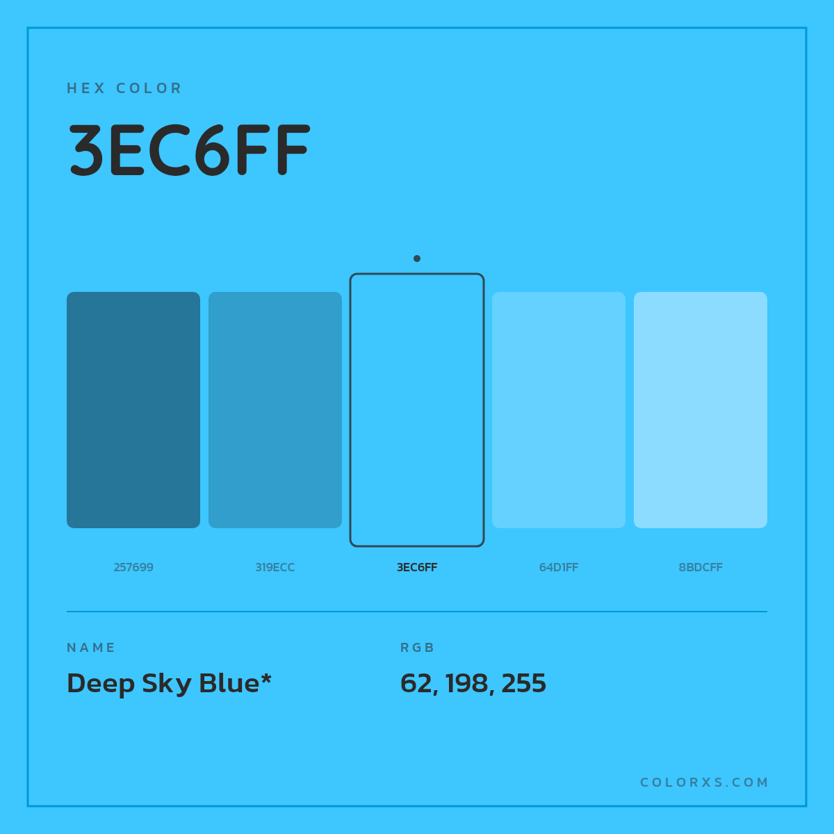 #3EC6FF hex color. RGB, RYB, CMYK, HSL, HSV codes and color conversions. Matching color names, palettes, paints.