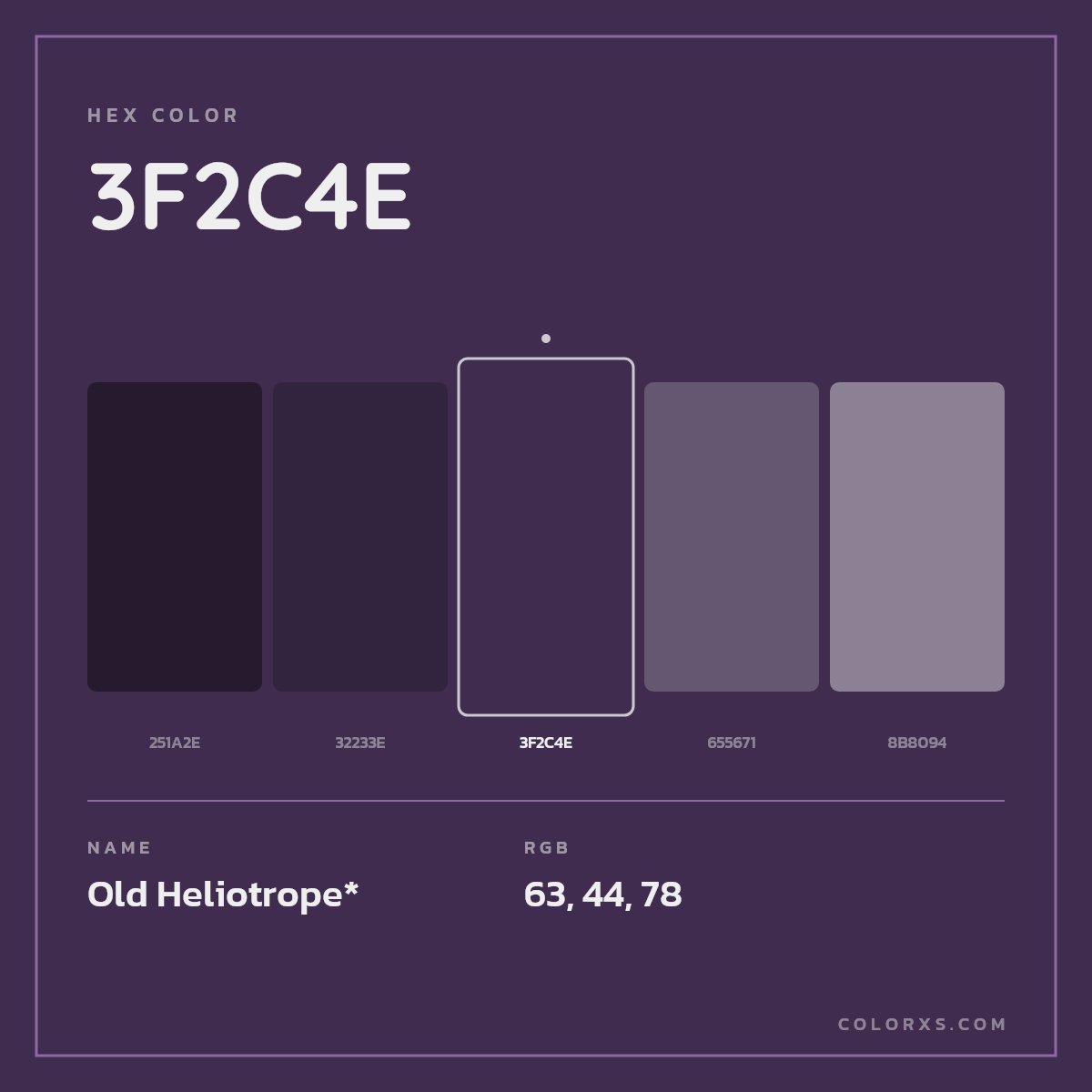 #3F2C4E hex color. RGB, RYB, CMYK, HSL, HSV codes and color conversions. Matching color names, palettes, paints.