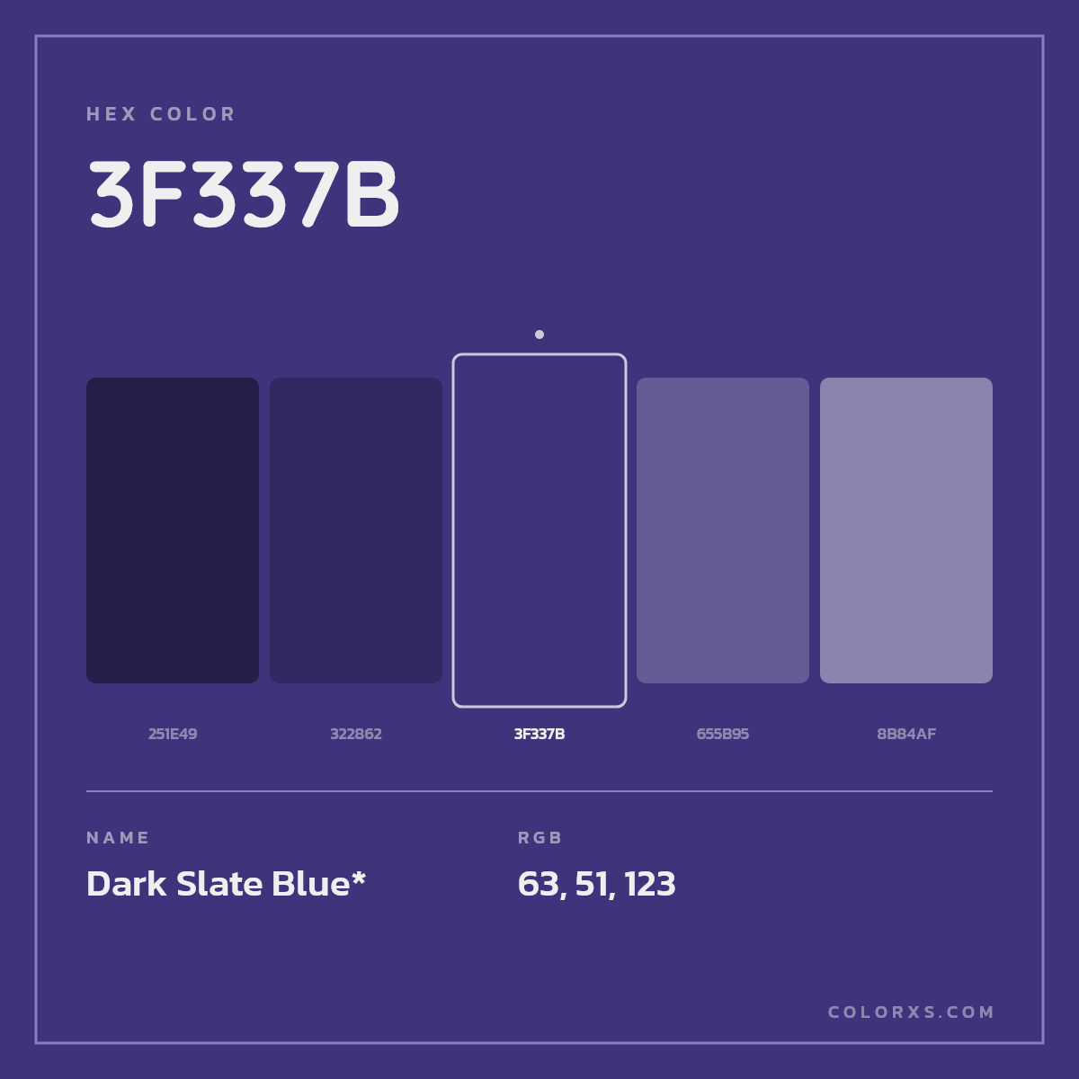 #3F337B hex color. RGB, RYB, CMYK, HSL, HSV codes and color conversions. Matching color names, palettes, paints.