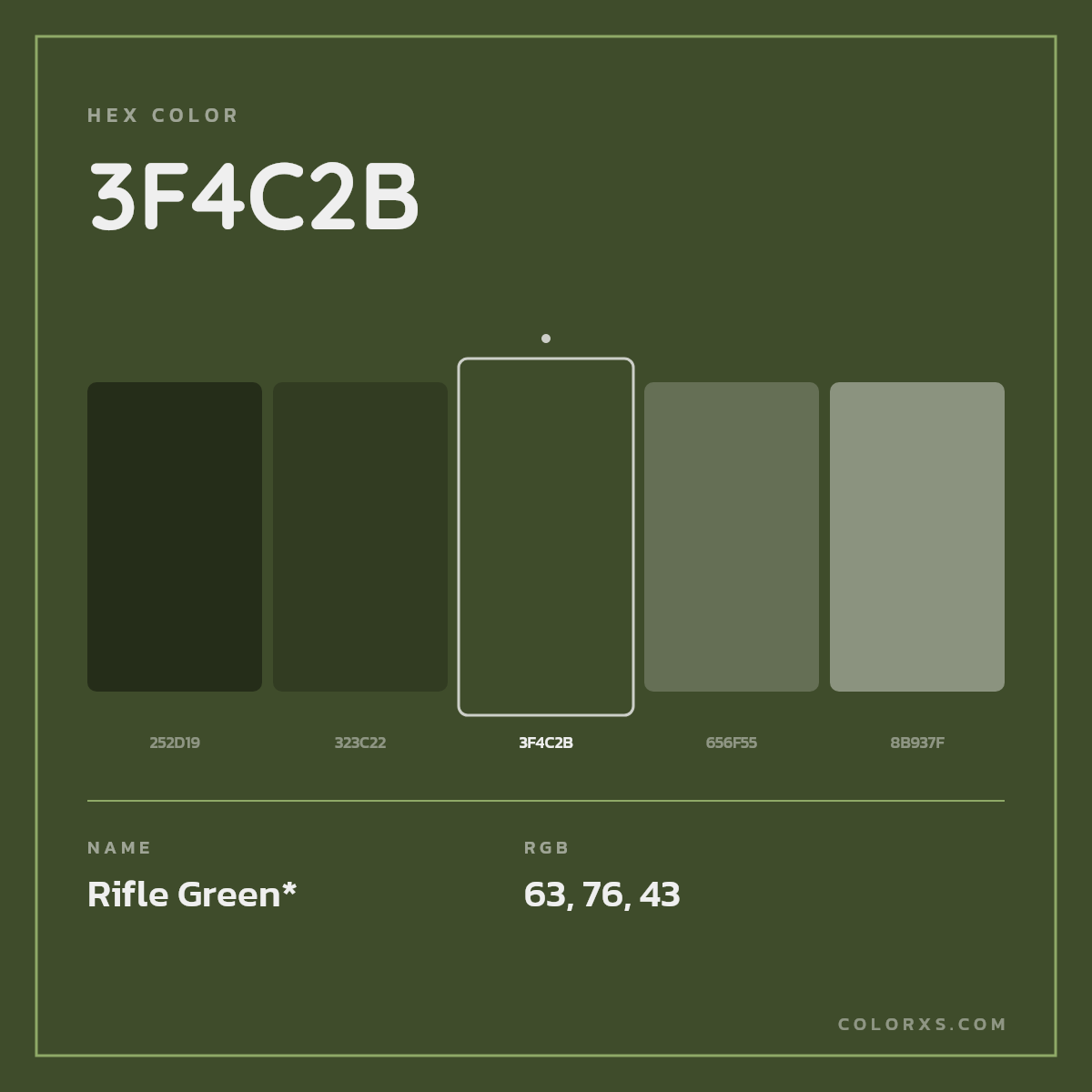 #3F4C2B hex color. RGB, RYB, CMYK, HSL, HSV codes and color conversions. Matching color names, palettes, paints.