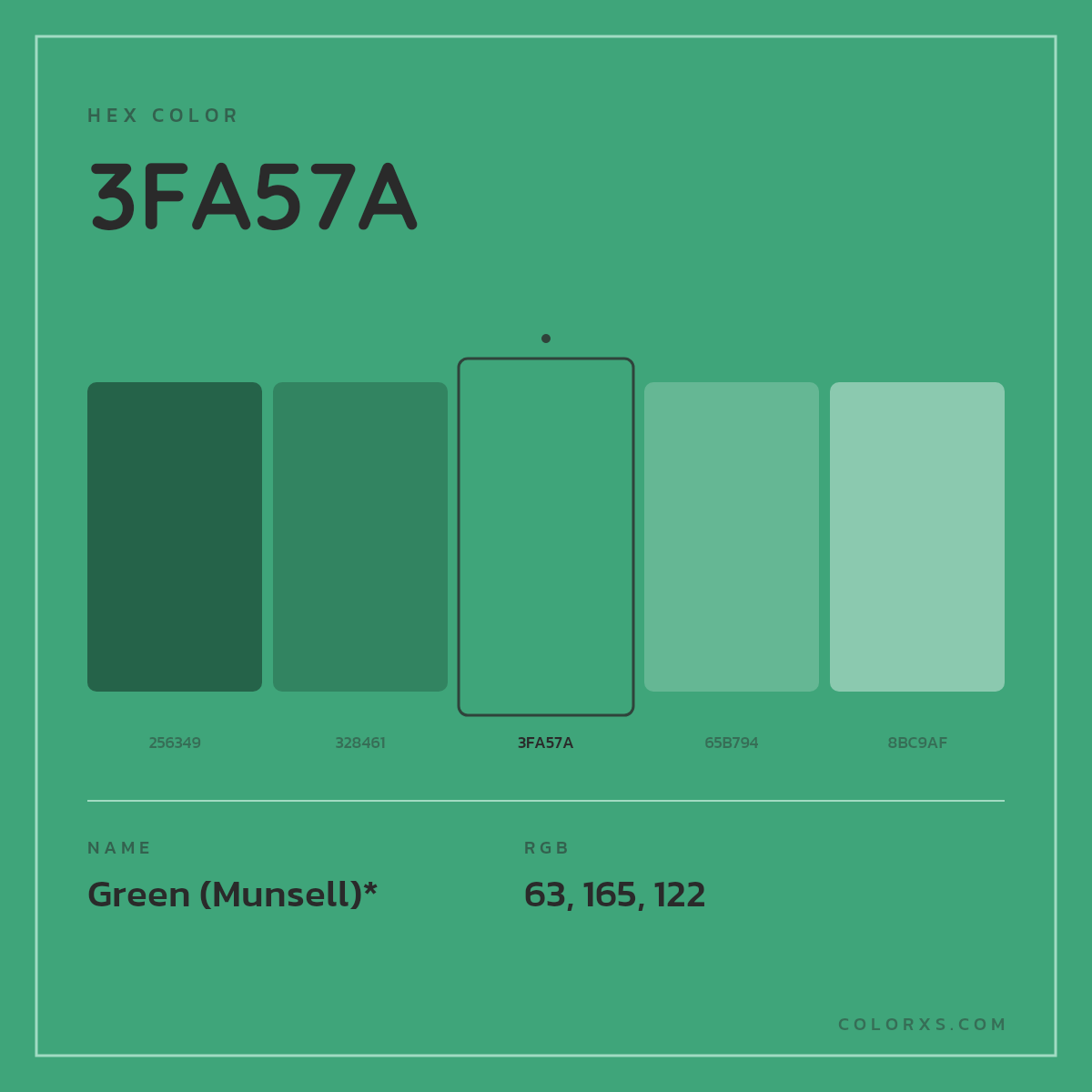 #3FA57A hex color. RGB, RYB, CMYK, HSL, HSV codes and color conversions. Matching color names, palettes, paints.