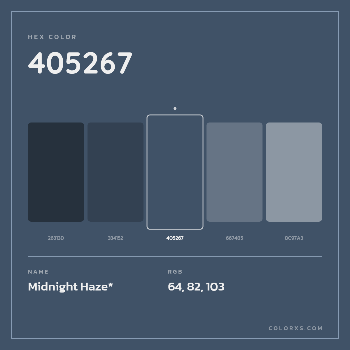 #405267 hex color. RGB, RYB, CMYK, HSL, HSV codes and color conversions. Matching color names, palettes, paints.