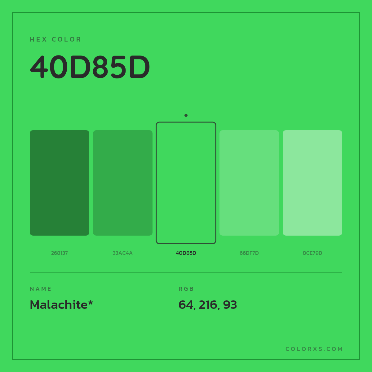 #40D85D hex color. RGB, RYB, CMYK, HSL, HSV codes and color conversions. Matching color names, palettes, paints.