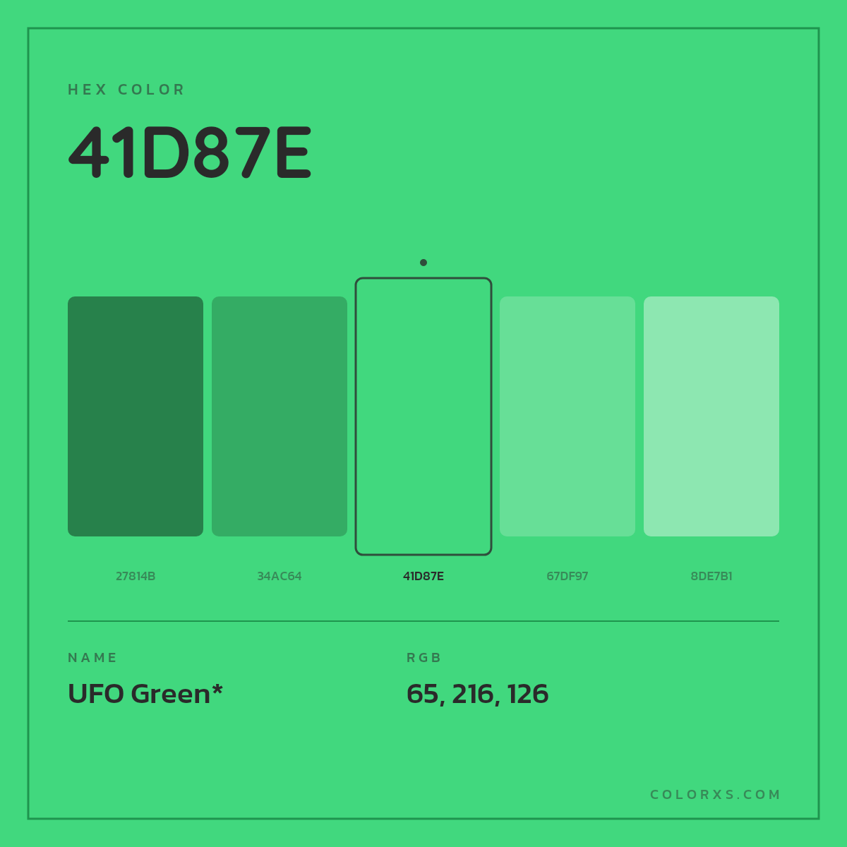 #41D87E hex color. RGB, RYB, CMYK, HSL, HSV codes and color conversions. Matching color names, palettes, paints.
