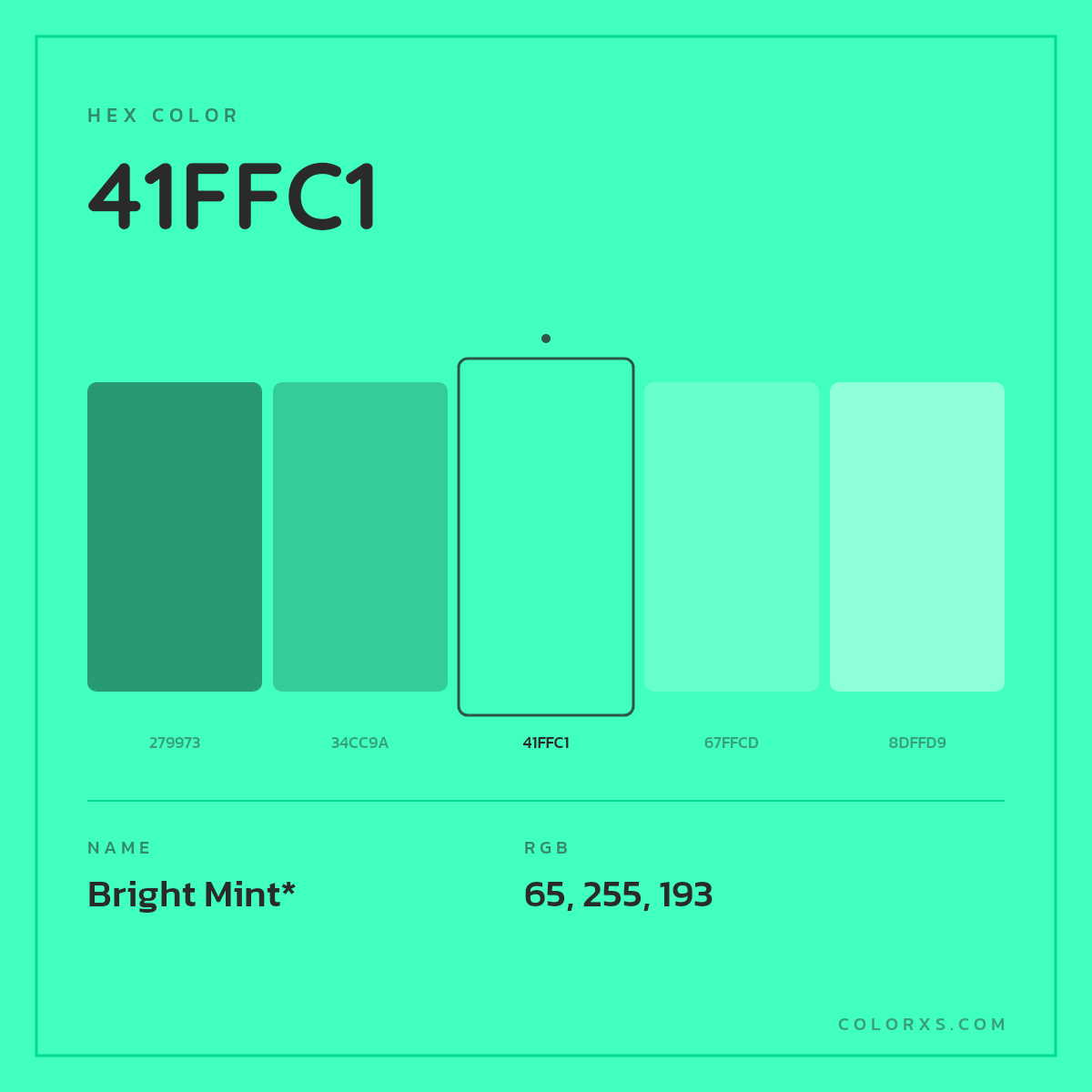 #41FFC1 hex color. RGB, RYB, CMYK, HSL, HSV codes and color conversions. Matching color names, palettes, paints.