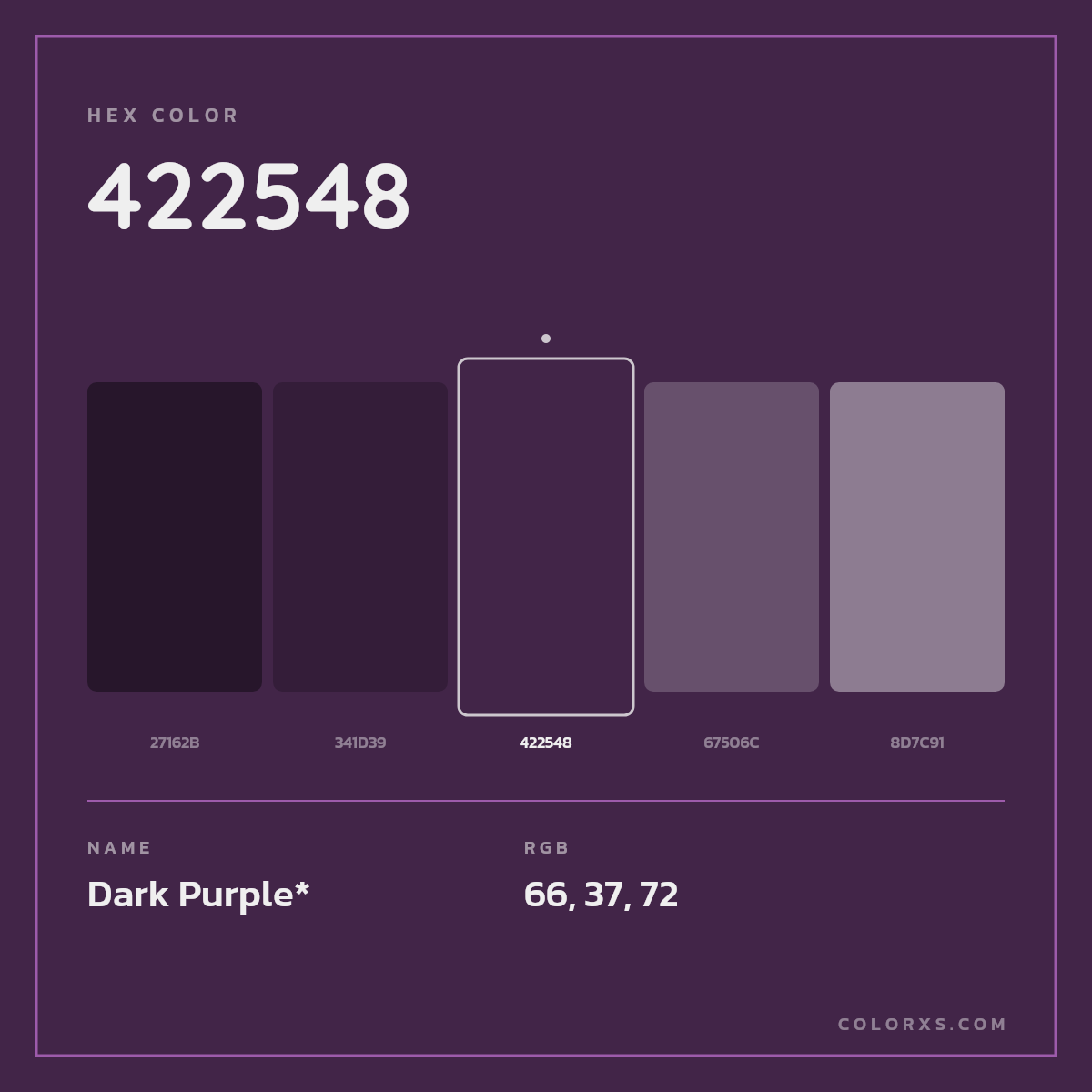 #422548 hex color. RGB, RYB, CMYK, HSL, HSV codes and color conversions. Matching color names, palettes, paints.