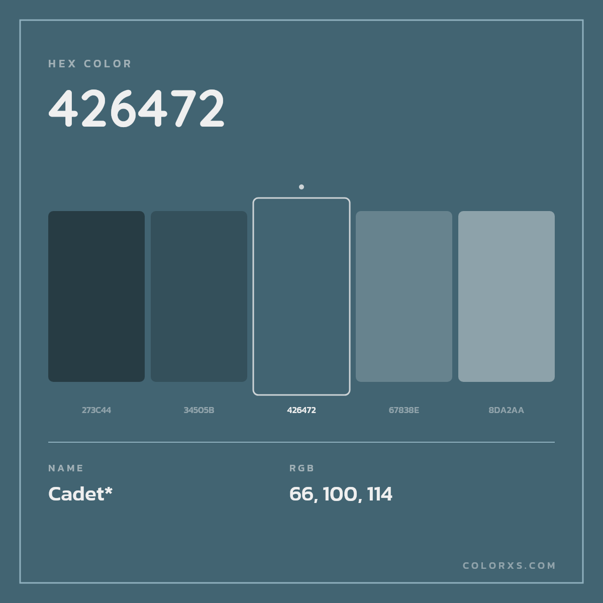 #426472 hex color. RGB, RYB, CMYK, HSL, HSV codes and color conversions. Matching color names, palettes, paints.