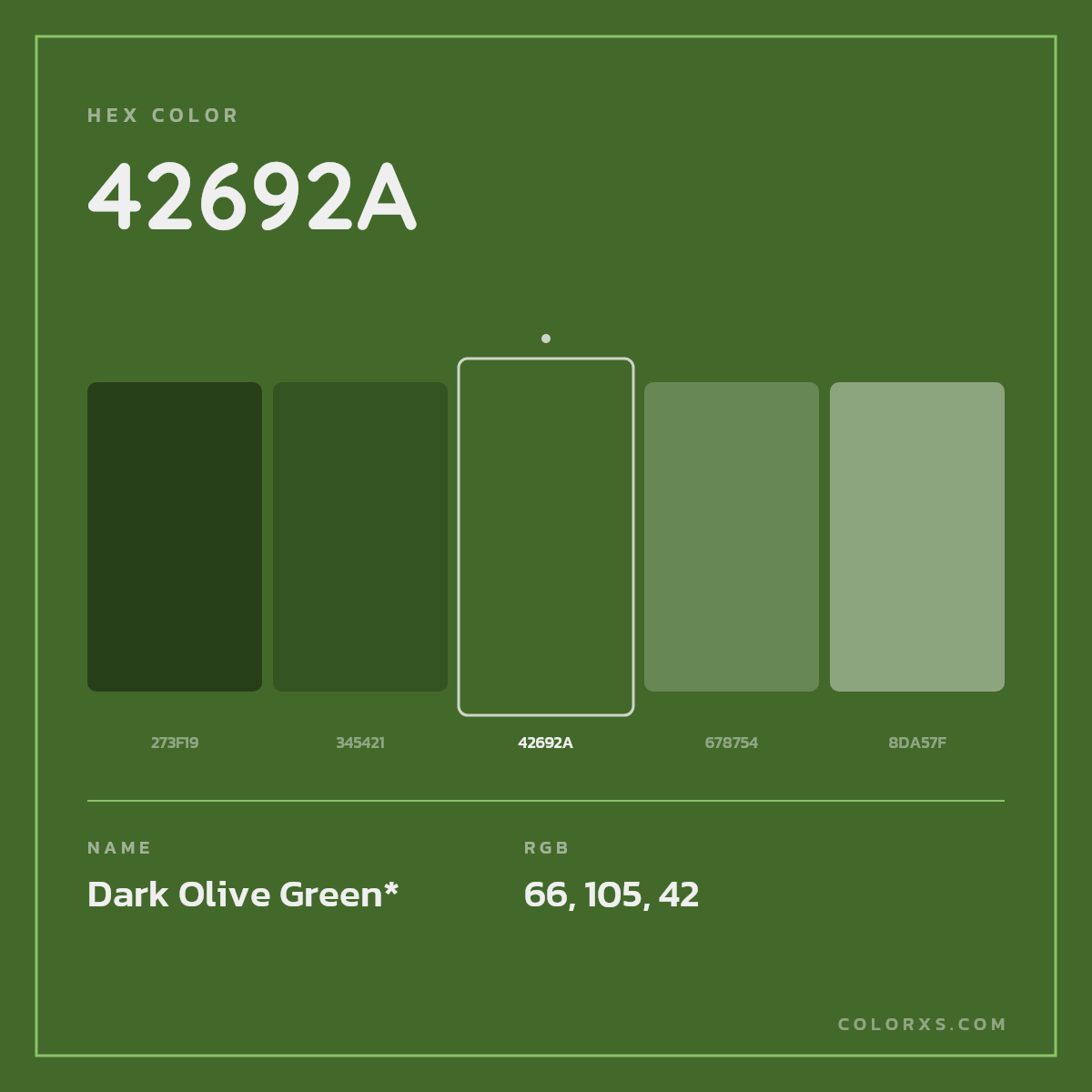 #42692A hex color. RGB, RYB, CMYK, HSL, HSV codes and color conversions. Matching color names, palettes, paints.