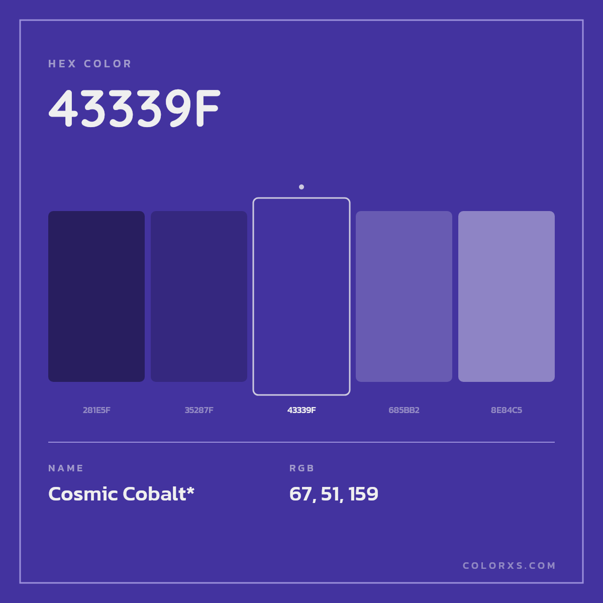 #43339F hex color. RGB, RYB, CMYK, HSL, HSV codes and color conversions. Matching color names, palettes, paints.