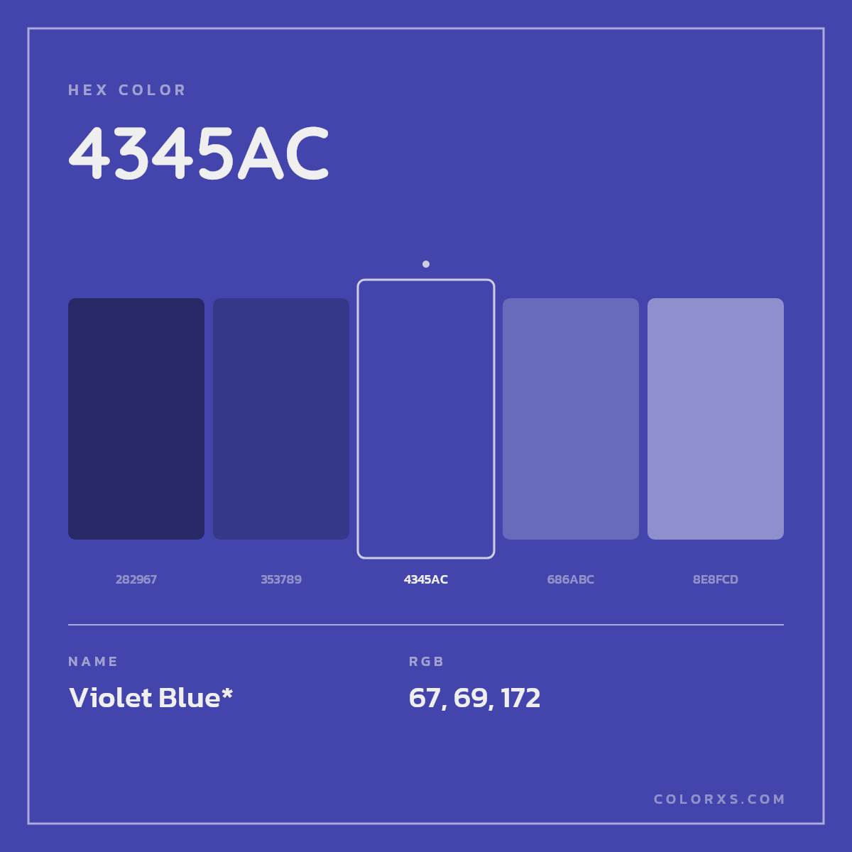 #4345AC hex color. RGB, RYB, CMYK, HSL, HSV codes and color conversions. Matching color names, palettes, paints.