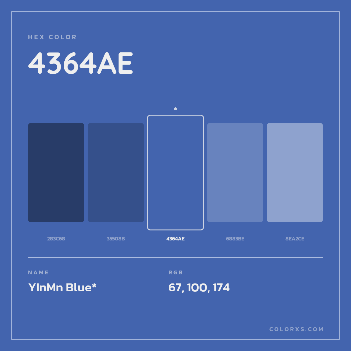 #4364AE hex color. RGB, RYB, CMYK, HSL, HSV codes and color conversions. Matching color names, palettes, paints.